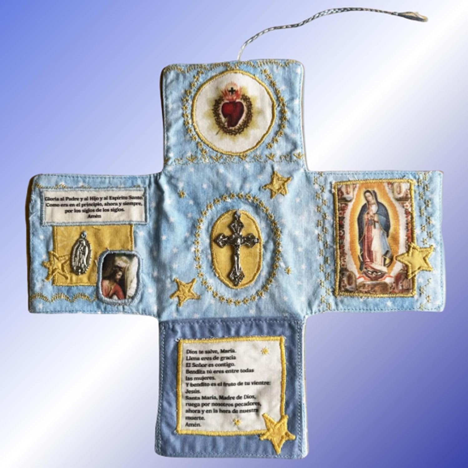 Mini Handcrafted Catholic Pocket Shrine – Foldable Prayer Altar with Silver Cross, Religious Art & Embroidered Prayers, Portable Faith Companion, 6.5 x 5.5 — image 5