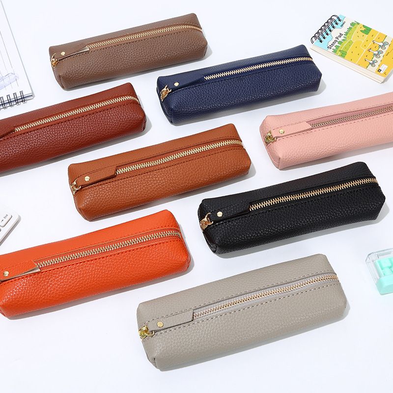 Leather Pencil Case - Korean Style Zipper Stationery Bag for Students and Office - Large Capacity Pen Organizer Pouch - Dark Brown — image 3