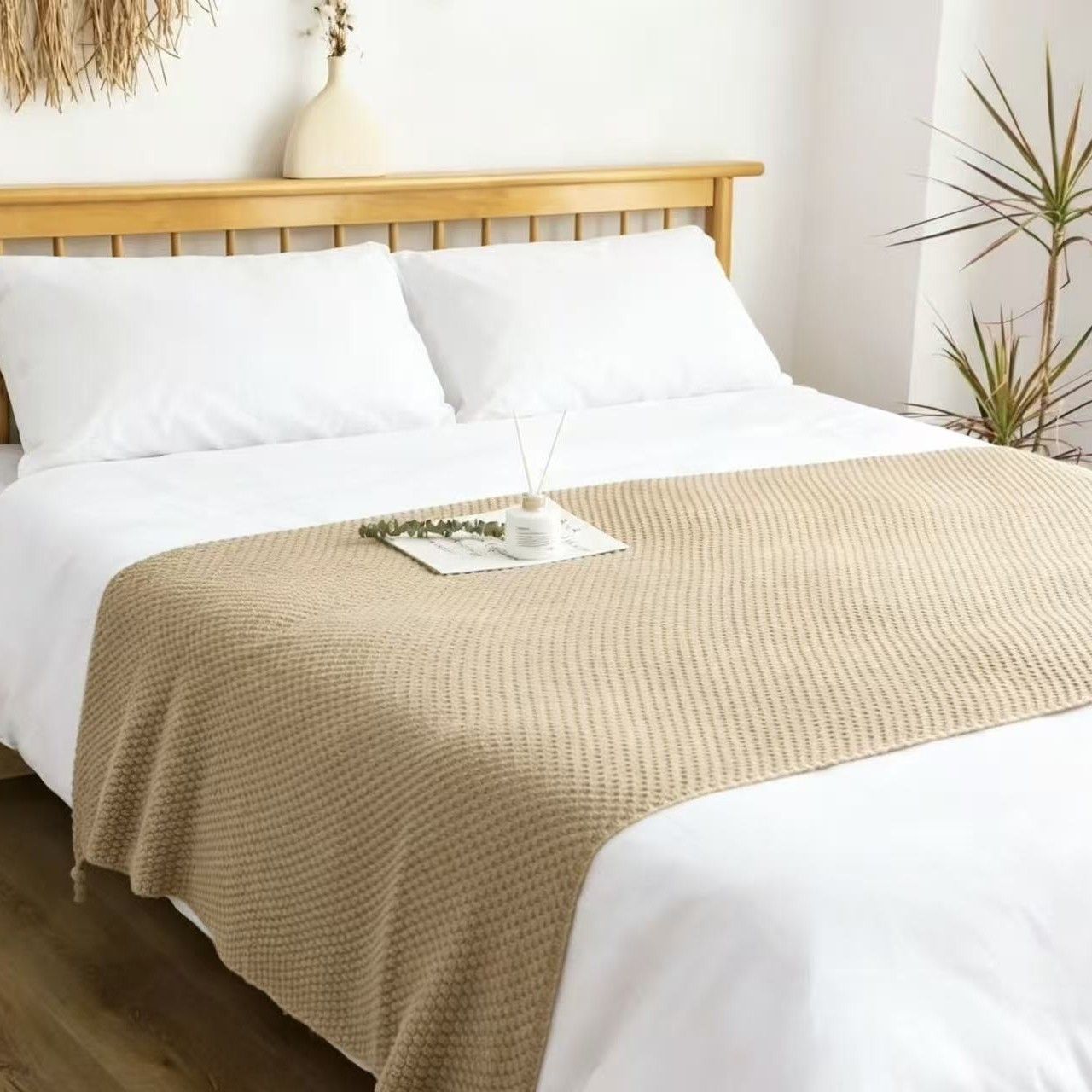 Khaki 150 × 200cm Nordic Style Tassel Knit Throw Blanket - Soft Polyester Sofa Blanket with Pineapple Texture - Breathable & Lightweight for Office, Couch