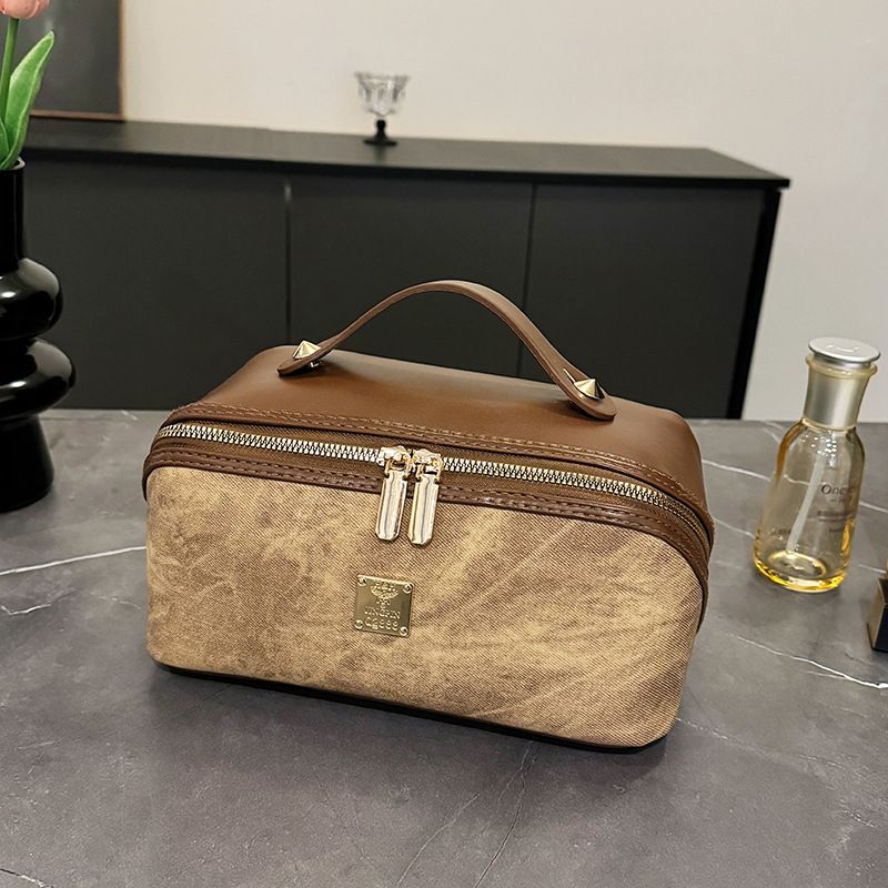 【PU Color-Block Cosmetic Bag】 Leather Handle Metal Zipper, Color-Block Simple Partition, Main Compartment Stores Cosmetics & Toiletries, Lightweight & — image 4