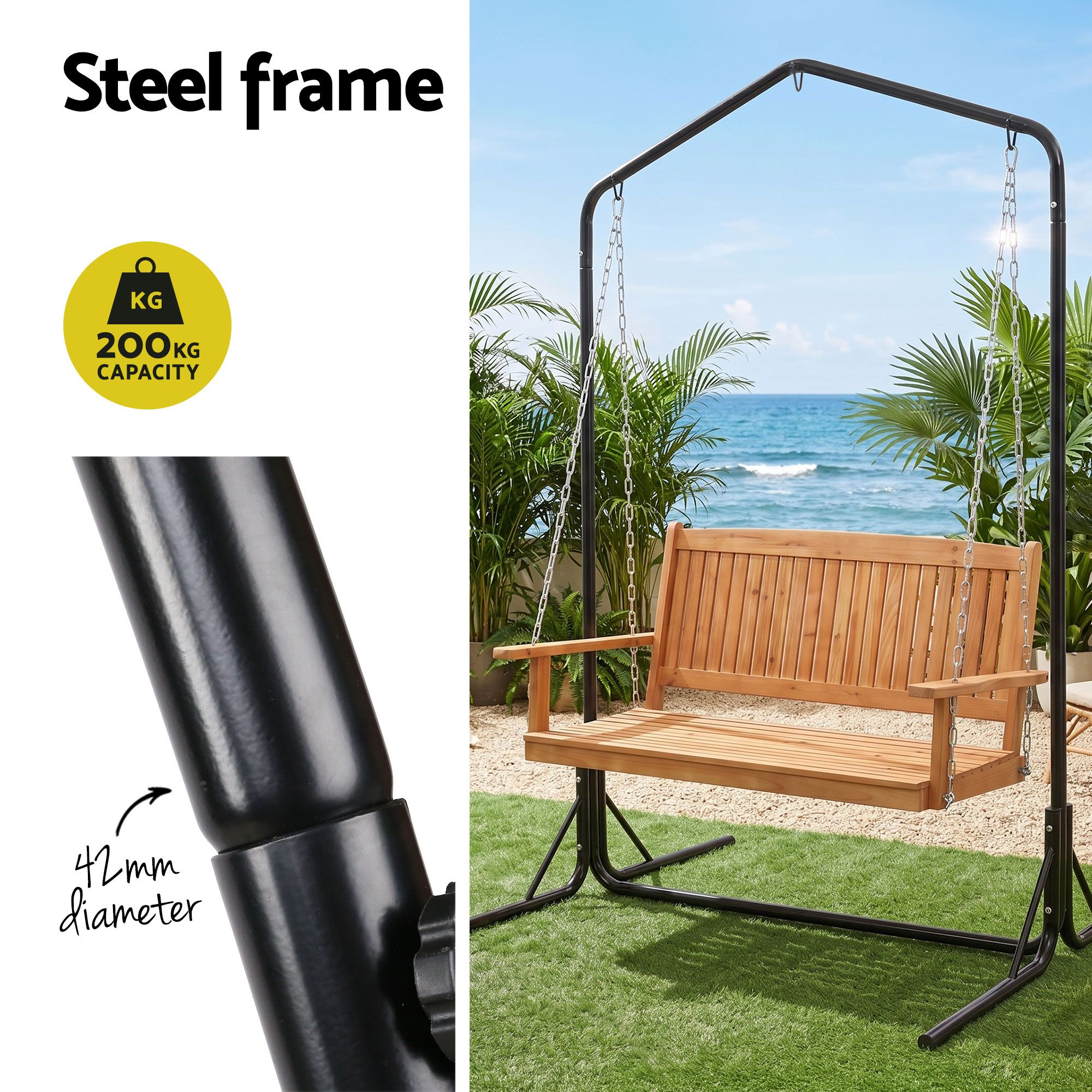 Gardeon Wooden 2-Seater Outdoor Swing Chair with Black Stand Hanging Chair Patio Furniture — image 6