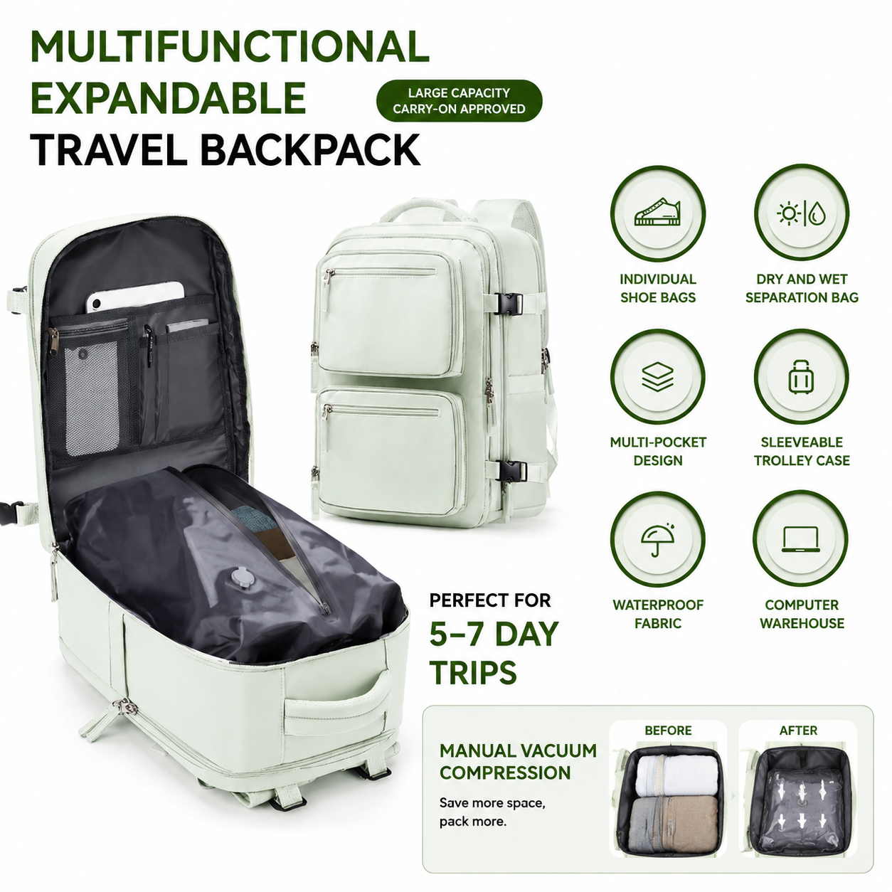 Grey 35L Vacuum Compression Travel Backpack with Manual Air Pump, Shoe Zone and 15.6" Laptop House - Waterproof Suitcase Style Carry On Bag for Men Women — image 2