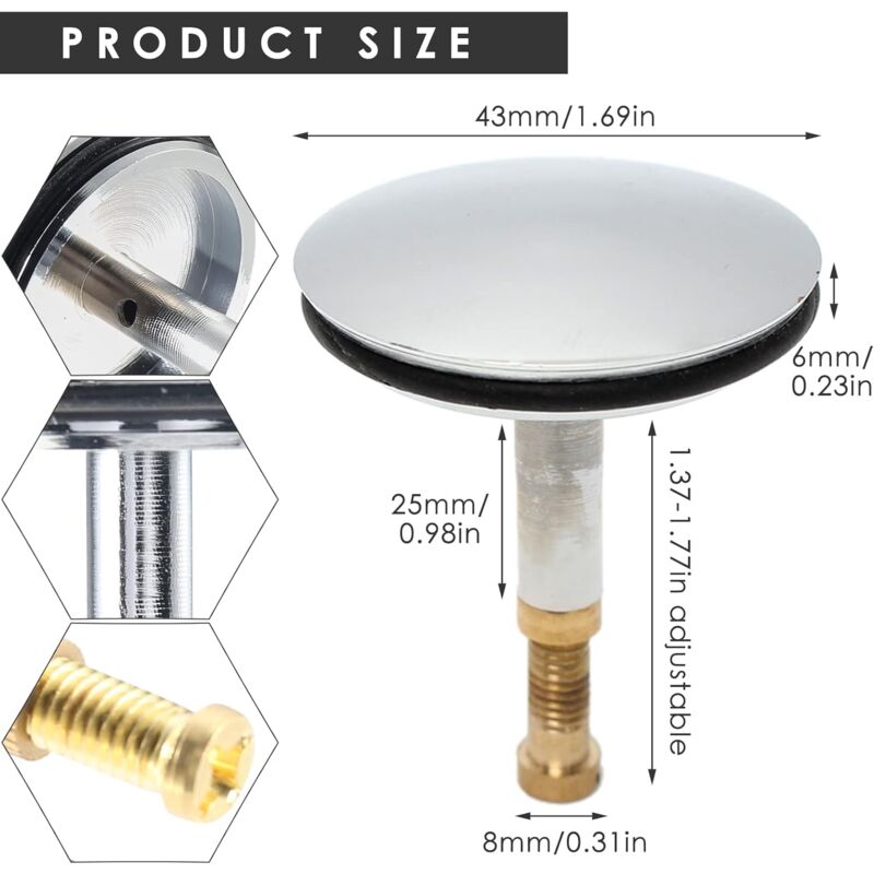 Universal Bathtub Plug Ø 43 Mm, Brass Drain Plug With Chrome-Plated Surface, Rustproof, For Regular Bathtub Drainage — image 2