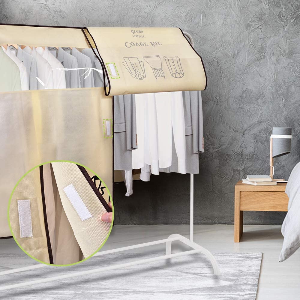 Dustproof Clothes Rack Cover Expandable Hanging Closet Cover Shoulder Dust Cover Clothes Protector for Coats Suits Dresses Beige — image 3