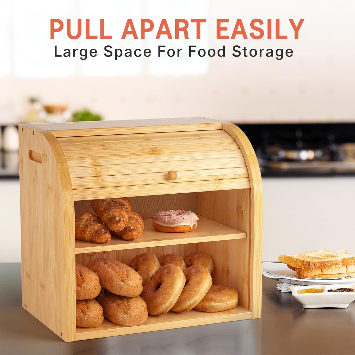 CARLA HOME Large Bamboo Bread Box Storage Organizer with Roll Top for Kitchen Counter — image 4