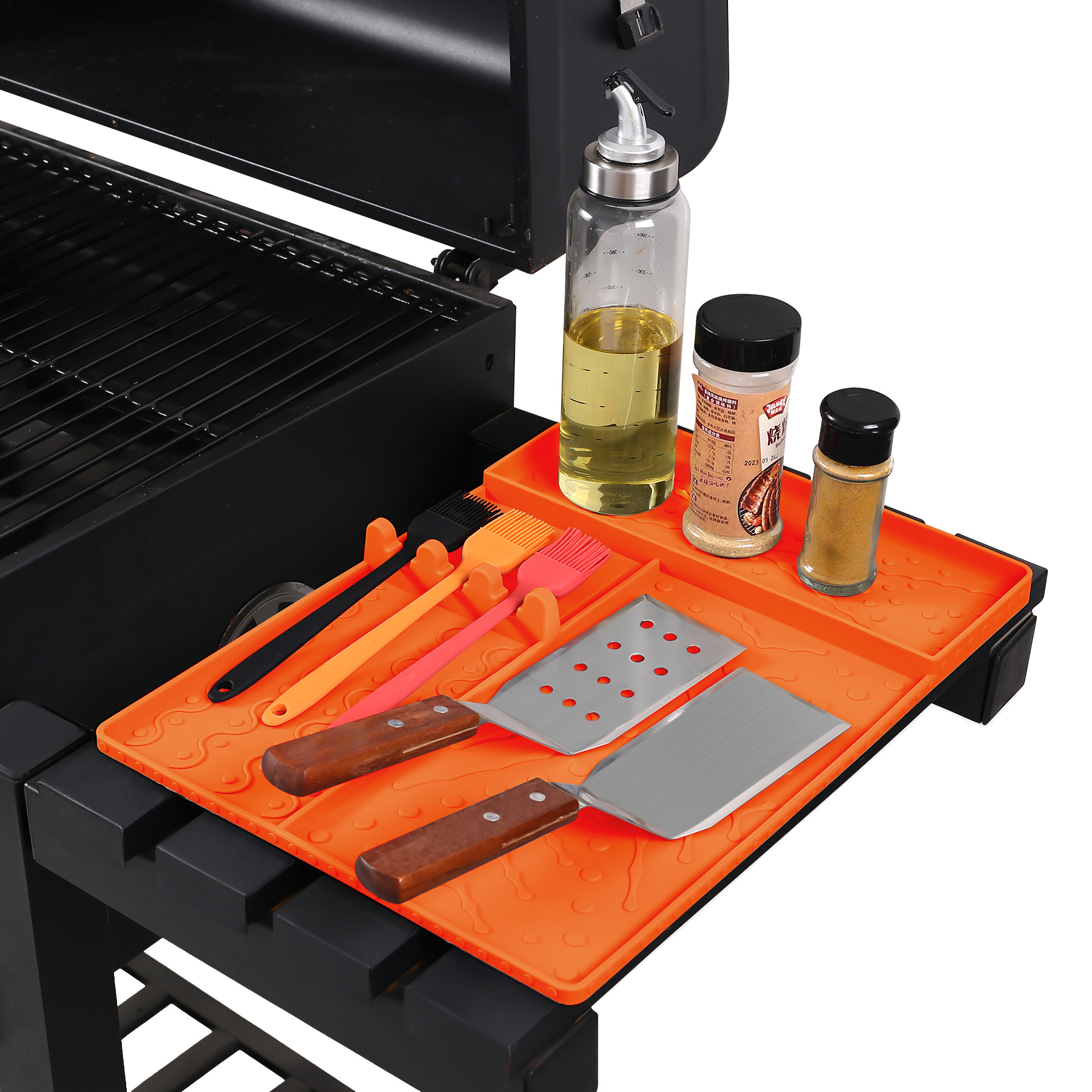 Orange Heavy-Duty Silicone Griddle Tool Mat Integrated Tool & Bottle Slots - Non-Stick BBQ Tool Draining Grease Mat and Seasoning Station — image 3