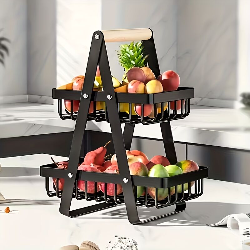 Heavy-Duty Metal Fruit Storage Basket (2-Layer Removable Divider) – Space-Saving Organizer for Kitchen, Refrigerator, Pantry & Dining Table – Sturdy