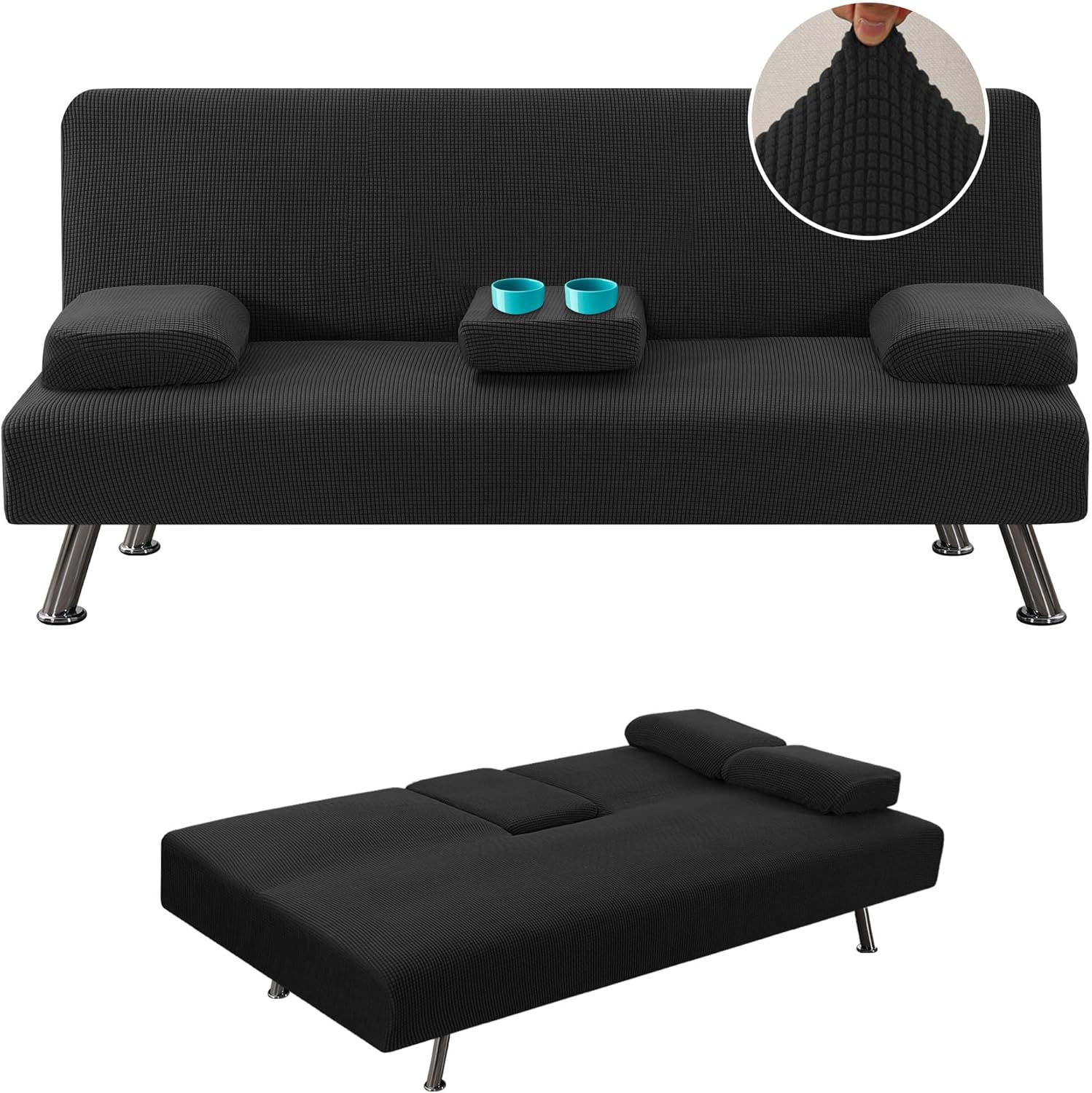 4 Pieces Stretch Futon Covers Sofa Bed Slipcover with Removable Armrests and Cupholders Covers Furniture Protector High Spandex Small Checks Jacquard Fabric