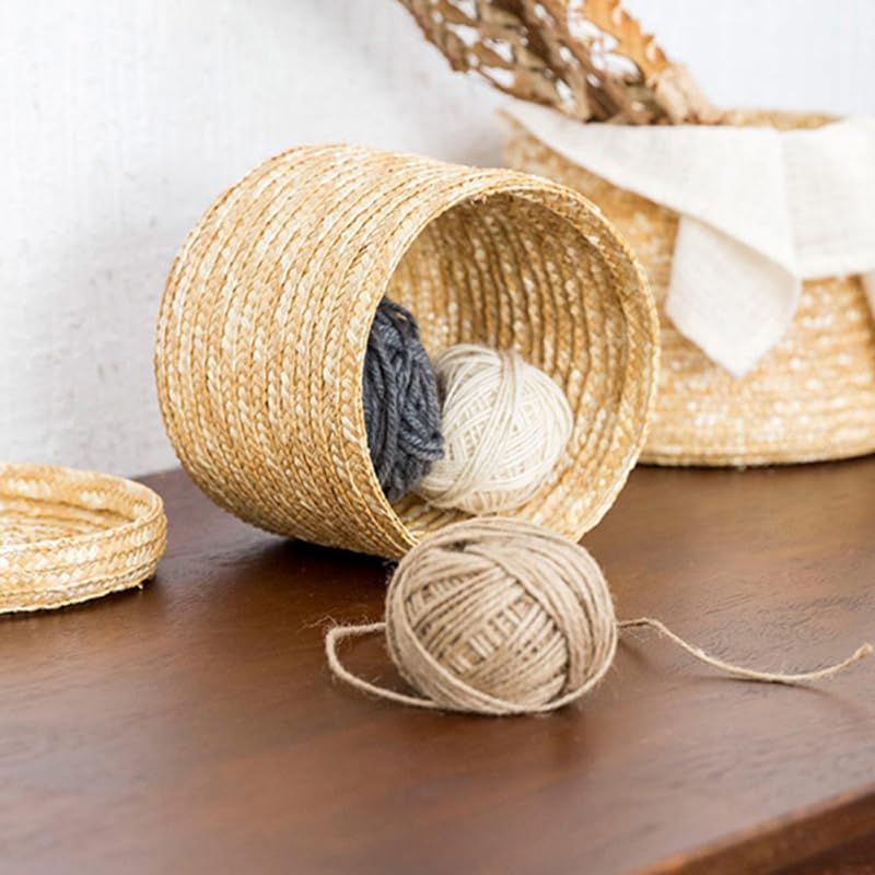 1Pc Handmade Straw Woven Storage Basket Lid Snack Organizer Storage Laundry Baskets Rattan Flower Basket Box Storage(22x22x17cm) โ image 3