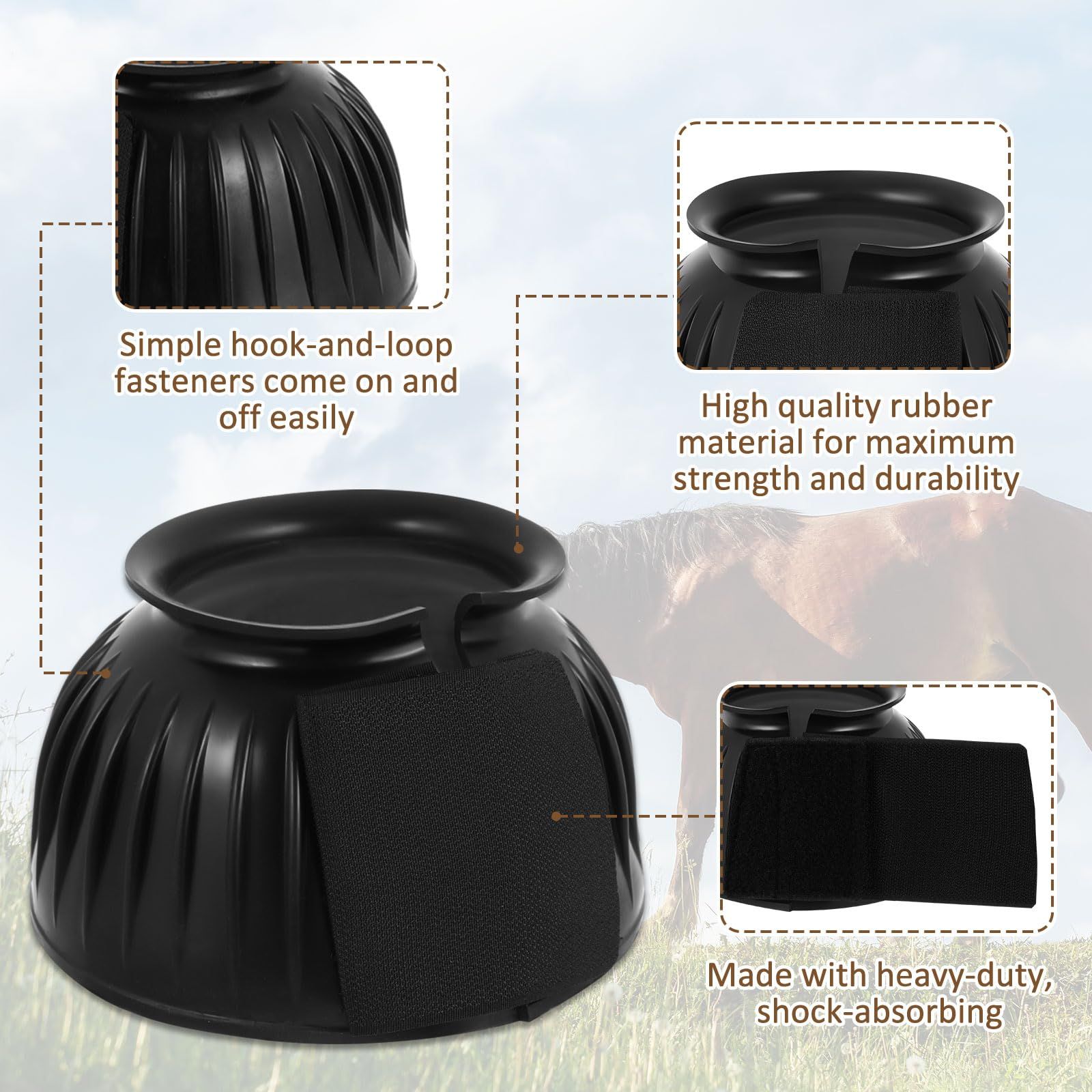 Bell Boots for Horses 1 Pair Protect Against Hoof Impact Trauma, Rubber Bell Boots Horse Care for Turnout, No Rub Design Wrap Hook and Loop — image 4