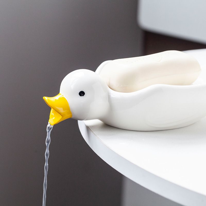 2 Pack White Duck Ceramic Soap Dishes Cute Bar Soap Holder Self Draining Animal Soap Tray with Drainage for Bathroom,Sponge Holder — image 4