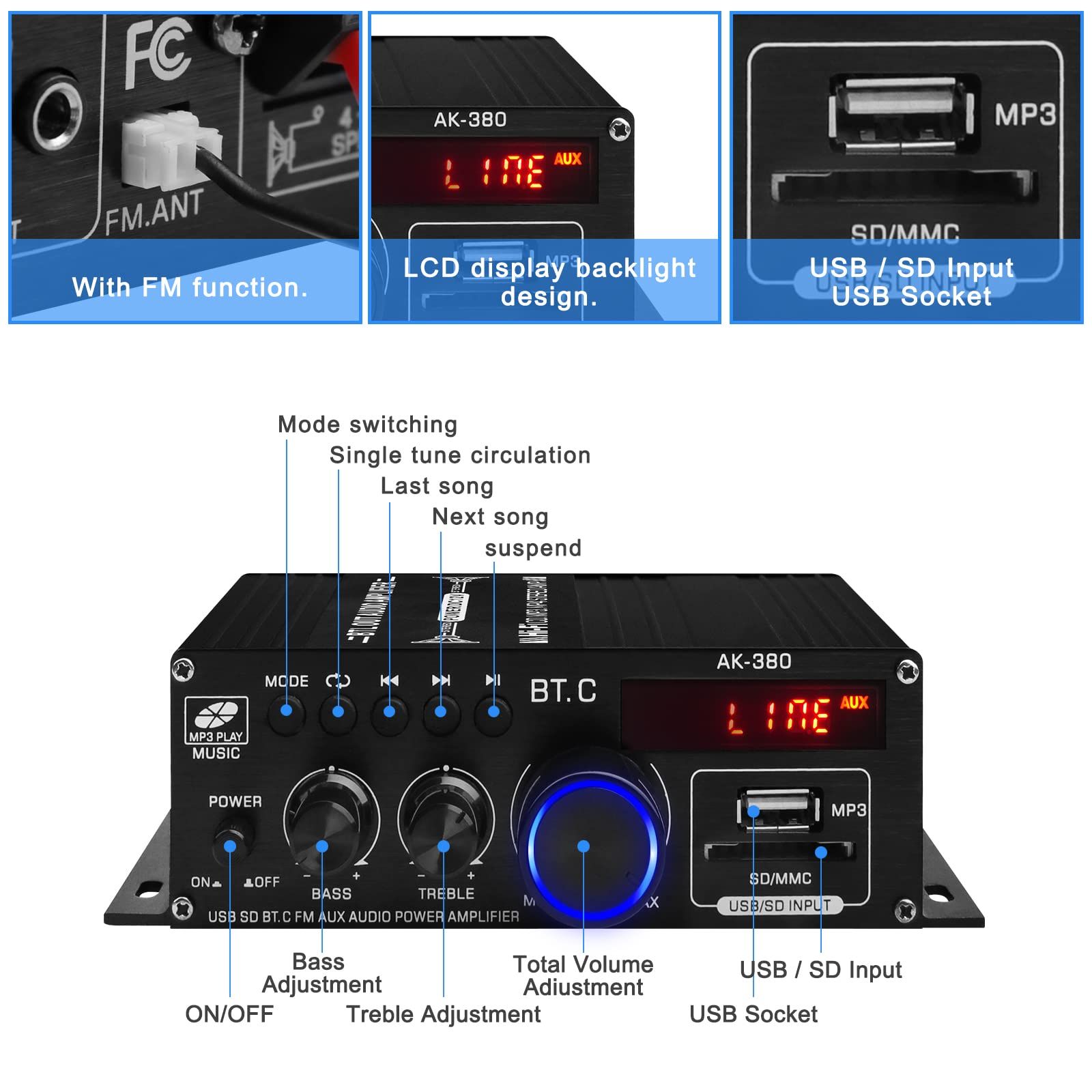 Audio Power Amplifier Stereo Speaker BluetoothAmp Receiver with Power Supply,Remote Control,FM Antenna for Car Home Bar Party — image 5