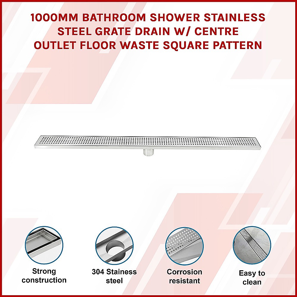 1000mm Bathroom Shower Stainless Steel Grate Drain w/Centre outlet Floor Waste Square Pattern — image 3