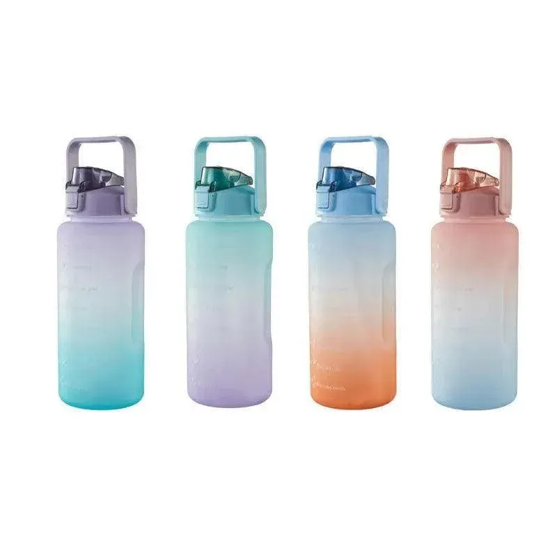 2L Large Water Bottle Straw Time Gradient Cup Fitness Jugs Sport Gym Training - Pink — image 3