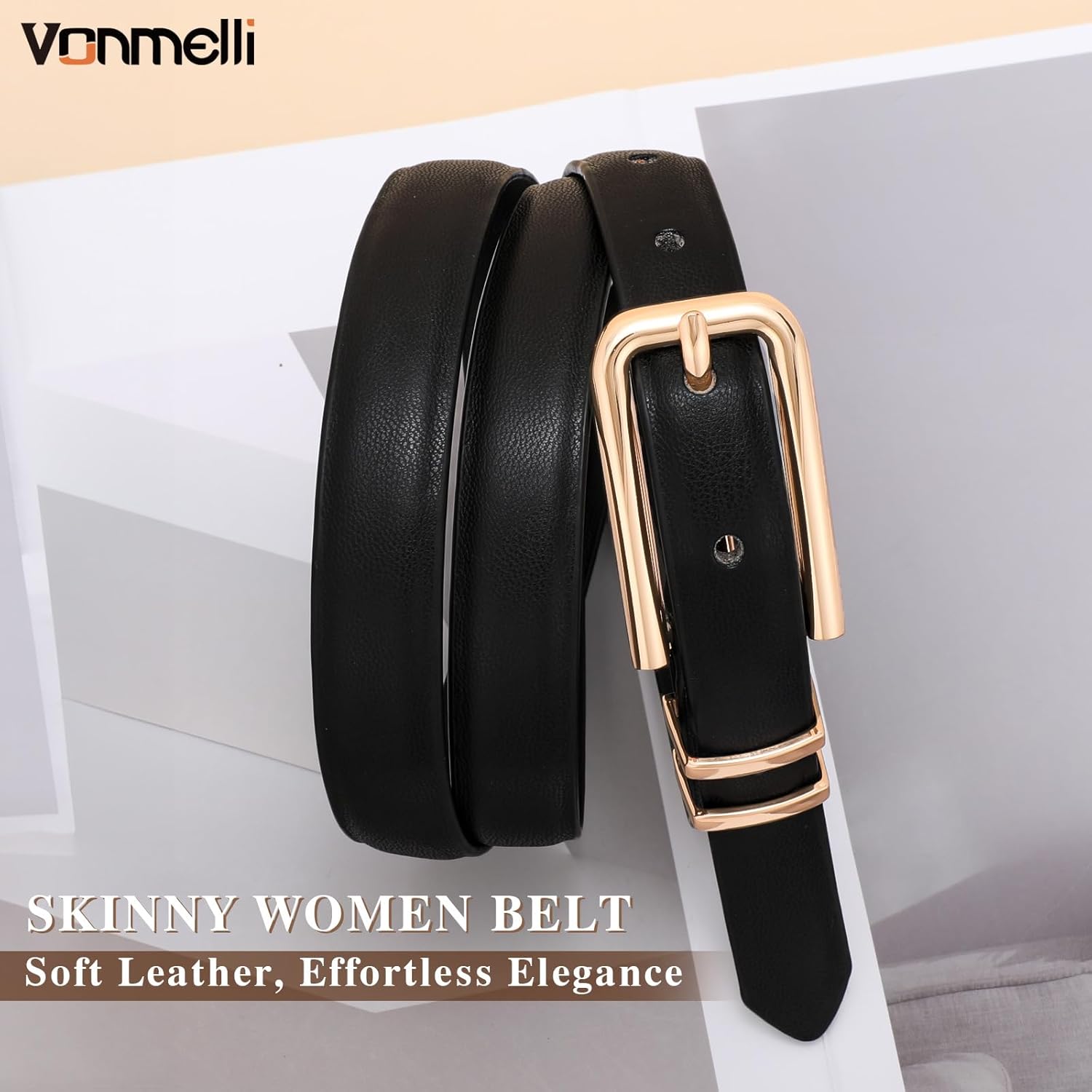 Women Skinny Leather Belt Thin Waist Belt for Women Jeans Dress Fashion Ladies Belt with Gold Buckle — image 2