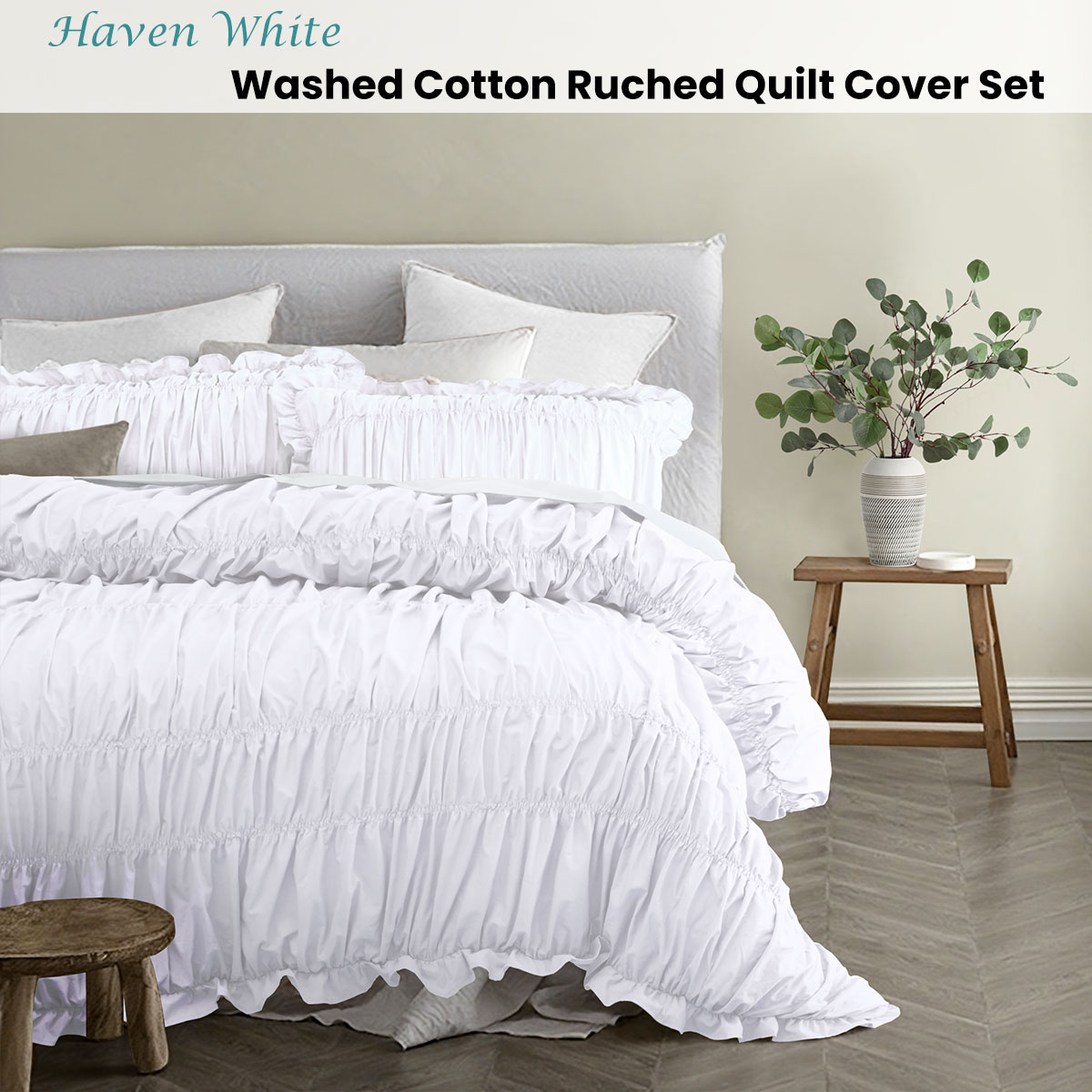 Vintage Design Homewares Haven White Washed Cotton Ruched Quilt Cover Set King — image 2