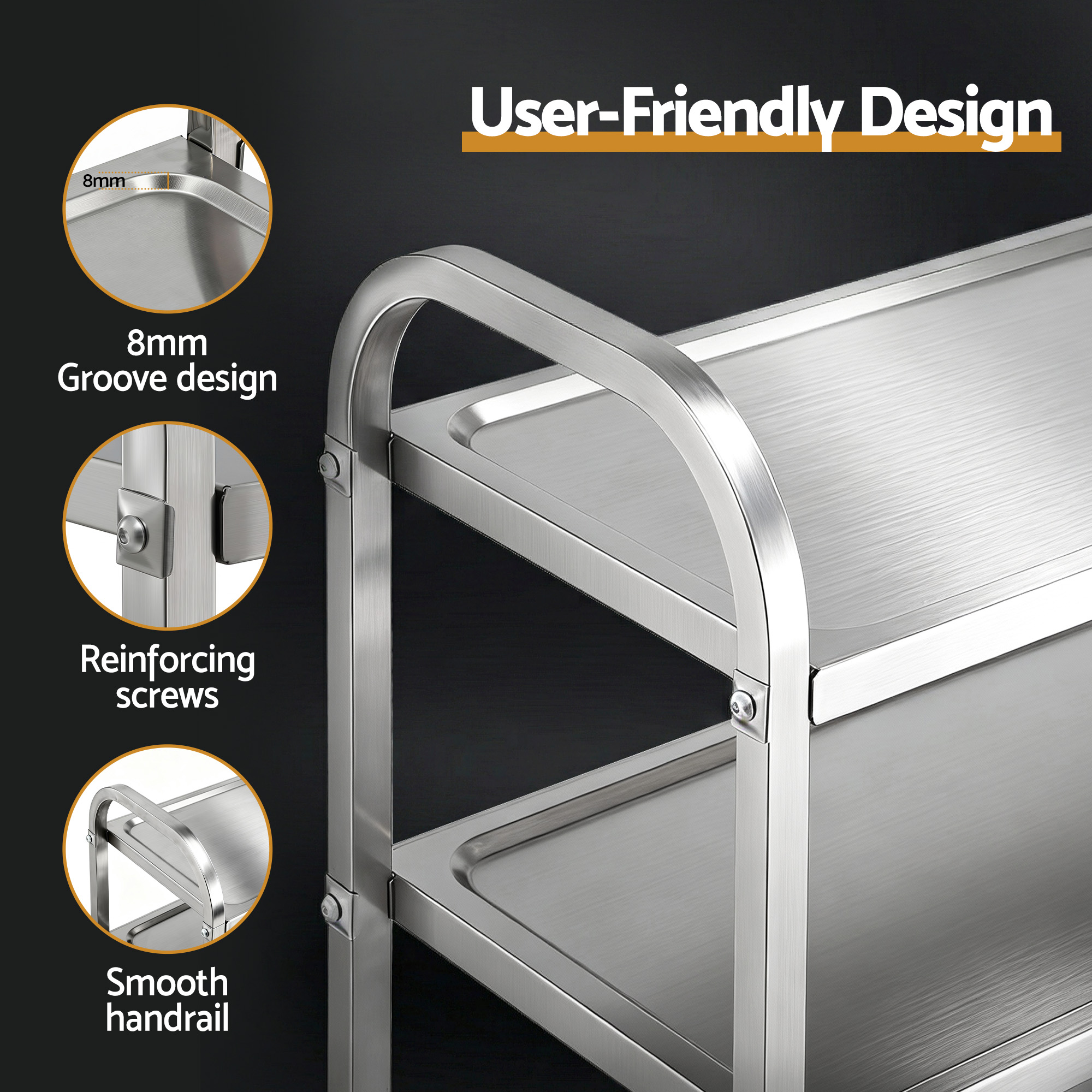 Cefito 3-Tier Stainless Steel Kitchen Trolley with Wheels 89X50X83cm — image 6