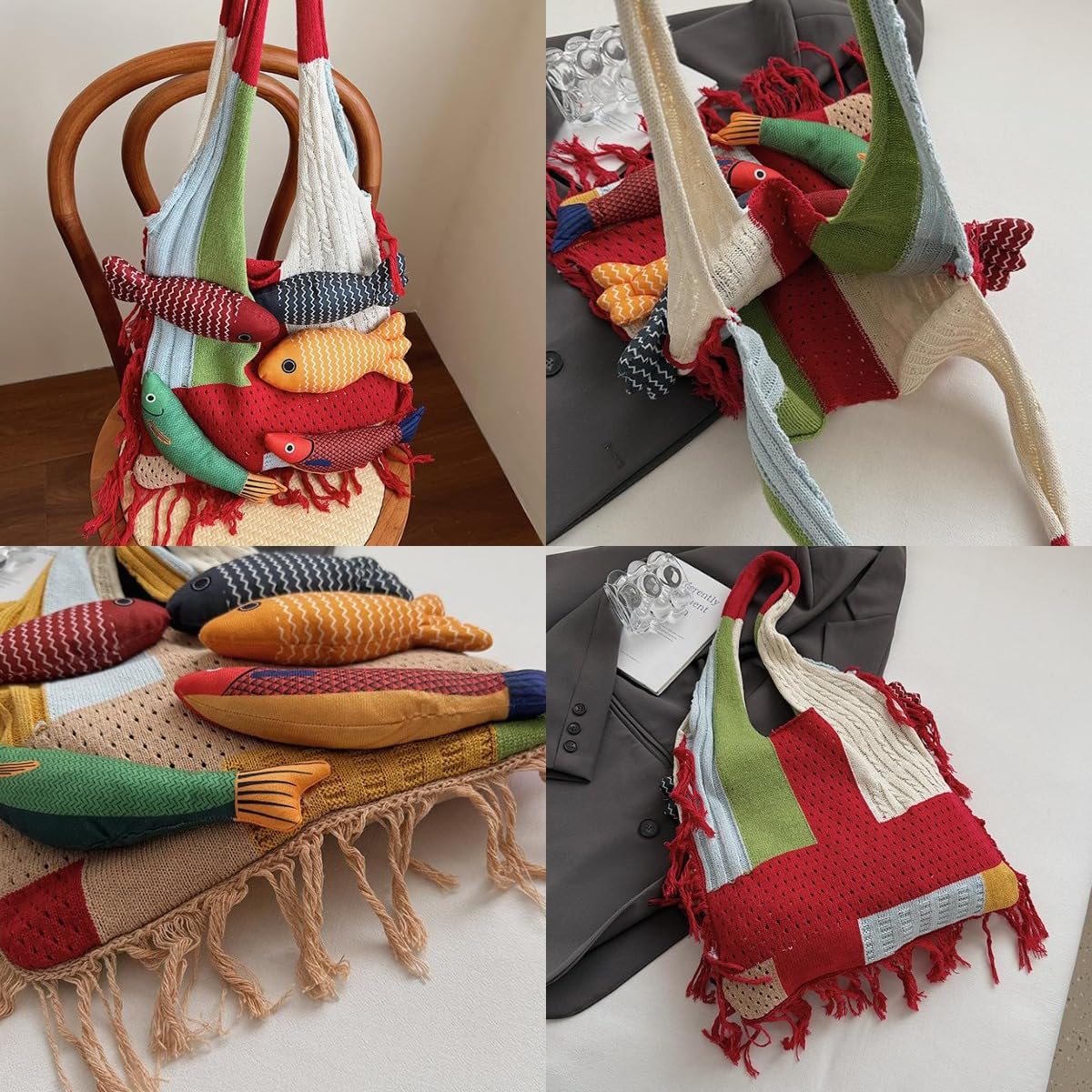 Boho Knit Tote Bag with 3D Fish Applique – Patchwork Shoulder Bag for Women, Beach, Travel & Daily Use – Soft Fringe Design (White) — image 5