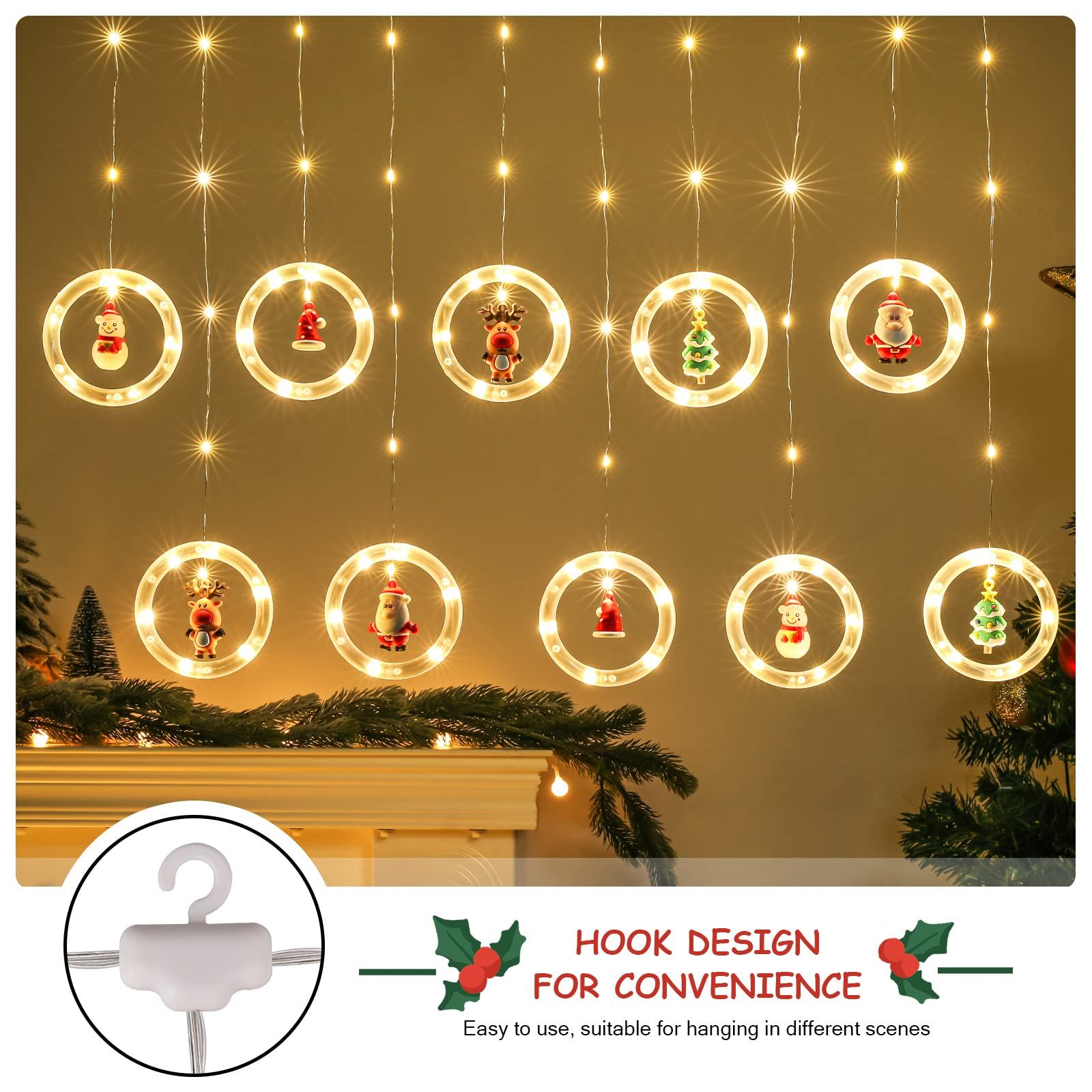 Window Lights Christmas Decor Ring Lights with Ornament LED Curtain Lights Indoor Outdoor USB White Christmas String โ image 4
