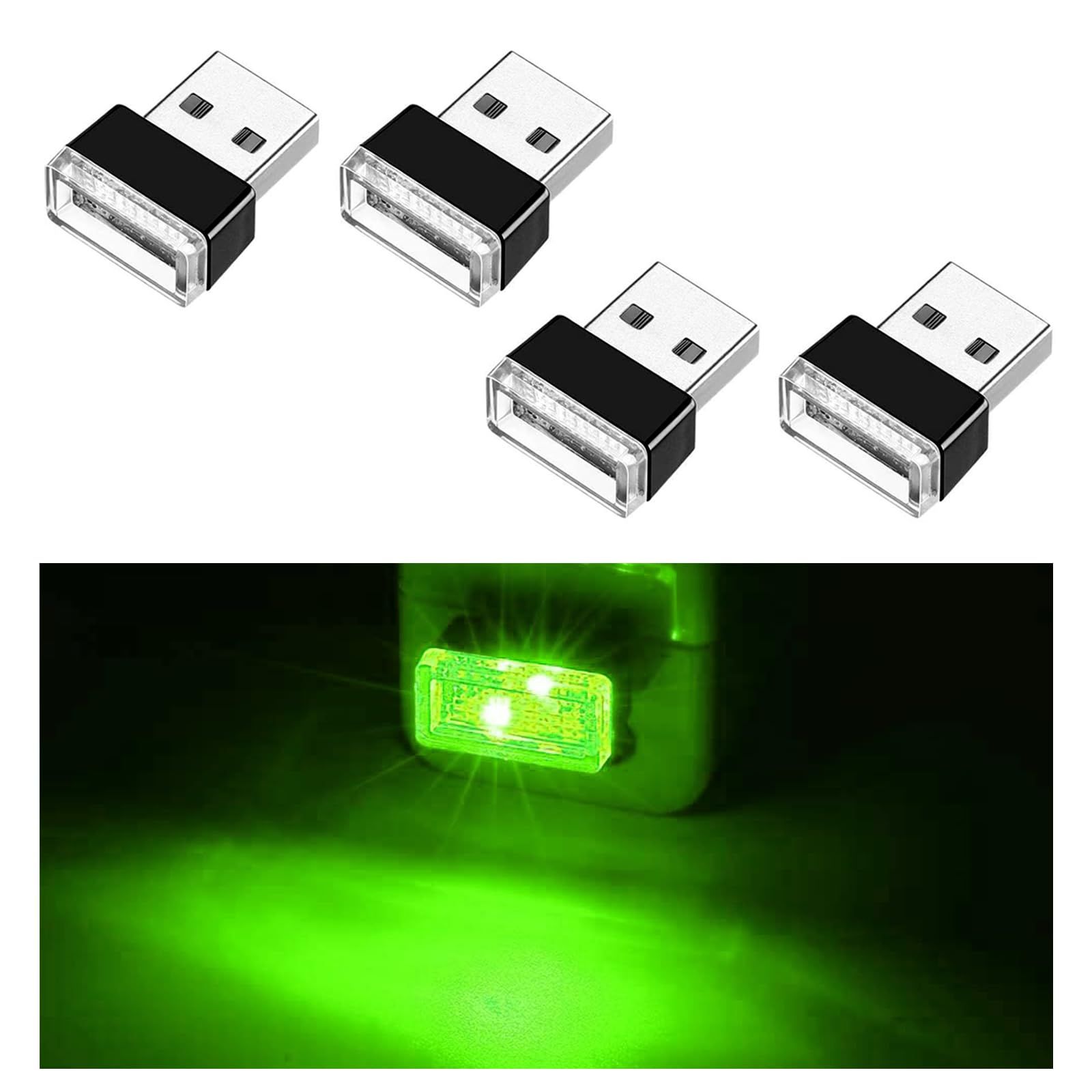 4 PCS USB LED Car Interior Atmosphere Lamp, Portable Mini LED Night Light, Universal Car Interior Accessories (Green)