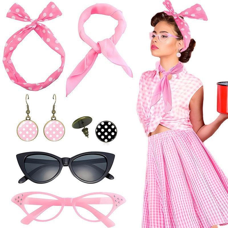 Pink 6 Piece Vintage Polka Dot Party Kit Accessories Set - 1950s Retro Costume with Cat Eye Sunglasses, Headband, Earrings, Studs and Neck Scarf for Cosplay โ image 2