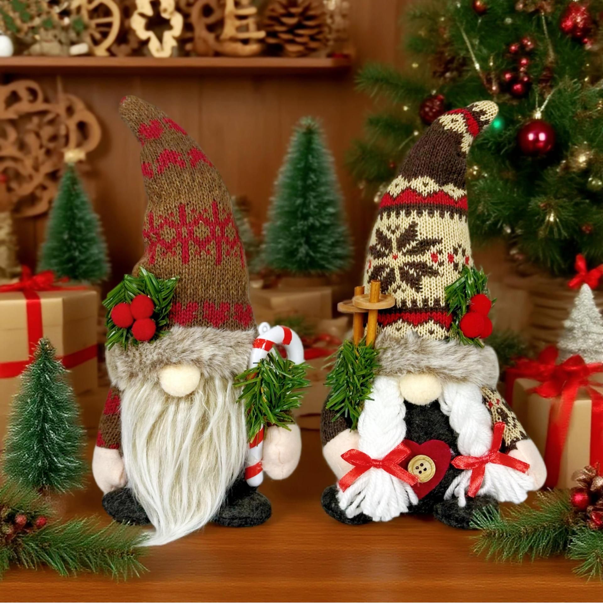 Knitted Hat Rudolph Gnome Figurine | Holding Pine Branches and Skis, Nordic-Style Adorable Ornament Lights Up Christmas./Knitted Snow Hat Doll (for โ image 2