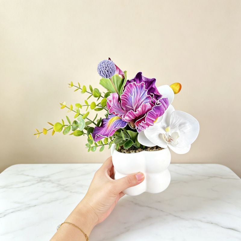 Simulated iris potted plant, floral artistry vibrant and colorful, pumpkin planter round and versatile, no maintenance ready to display upon opening, brightens