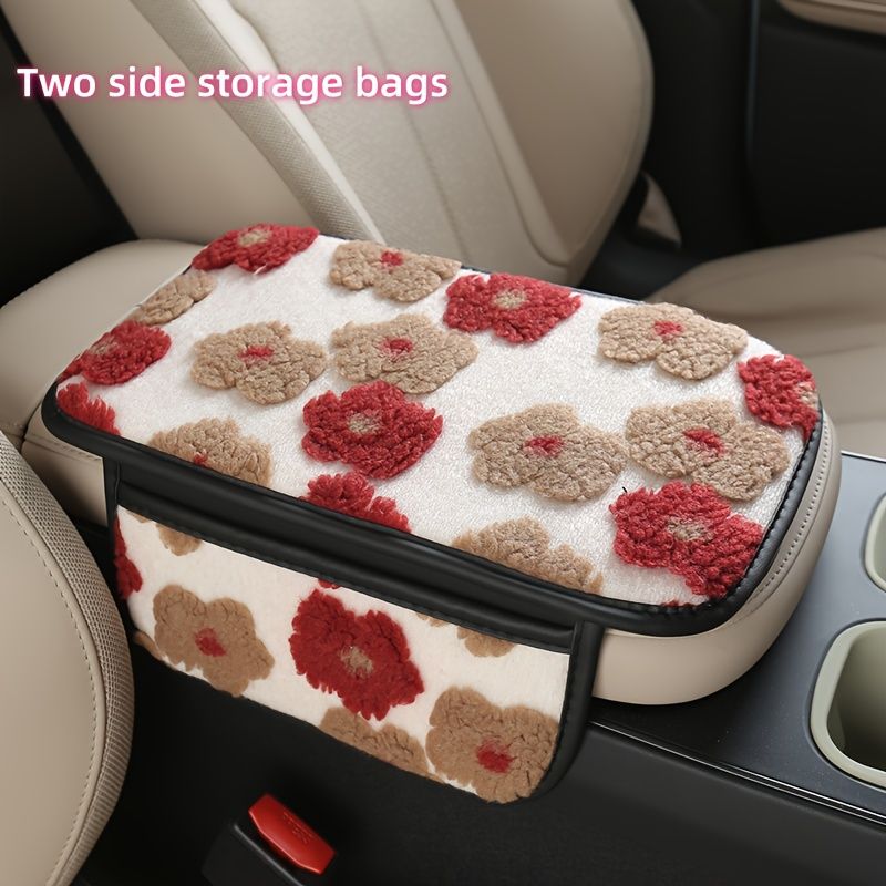 Plush Car Center Armrest Box Cushion, with Storage Bags on Both Sides, Can Store Receipts, Credit Cards, Bills, Warm Hands in Autumn And Winter, Car Interior