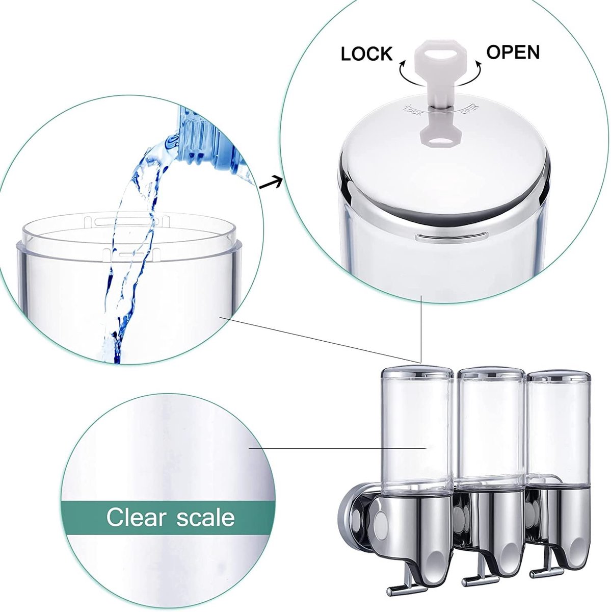 Soap dispenser - Wall-mounted Soap dispenser - 500ml pump - Suspended - Brushed stainless steel - Bathroom - Toilet - Shower - Black