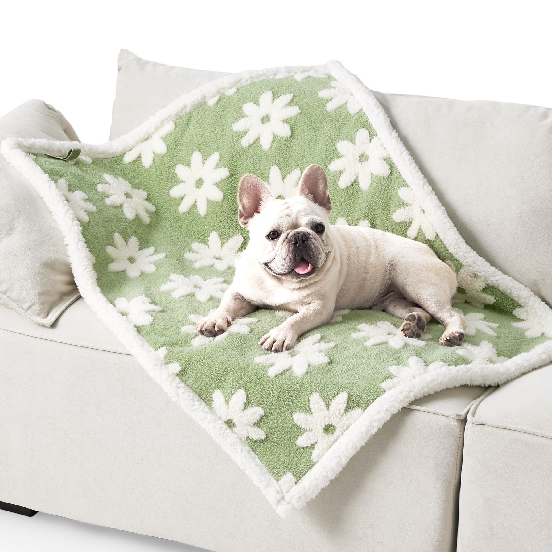 Waterproof Soft Sherpa Fleece Pet Blanket (Green Floral) - Reversible Thickened Furniture Protector for Dogs & Cats 100 x 130 CM