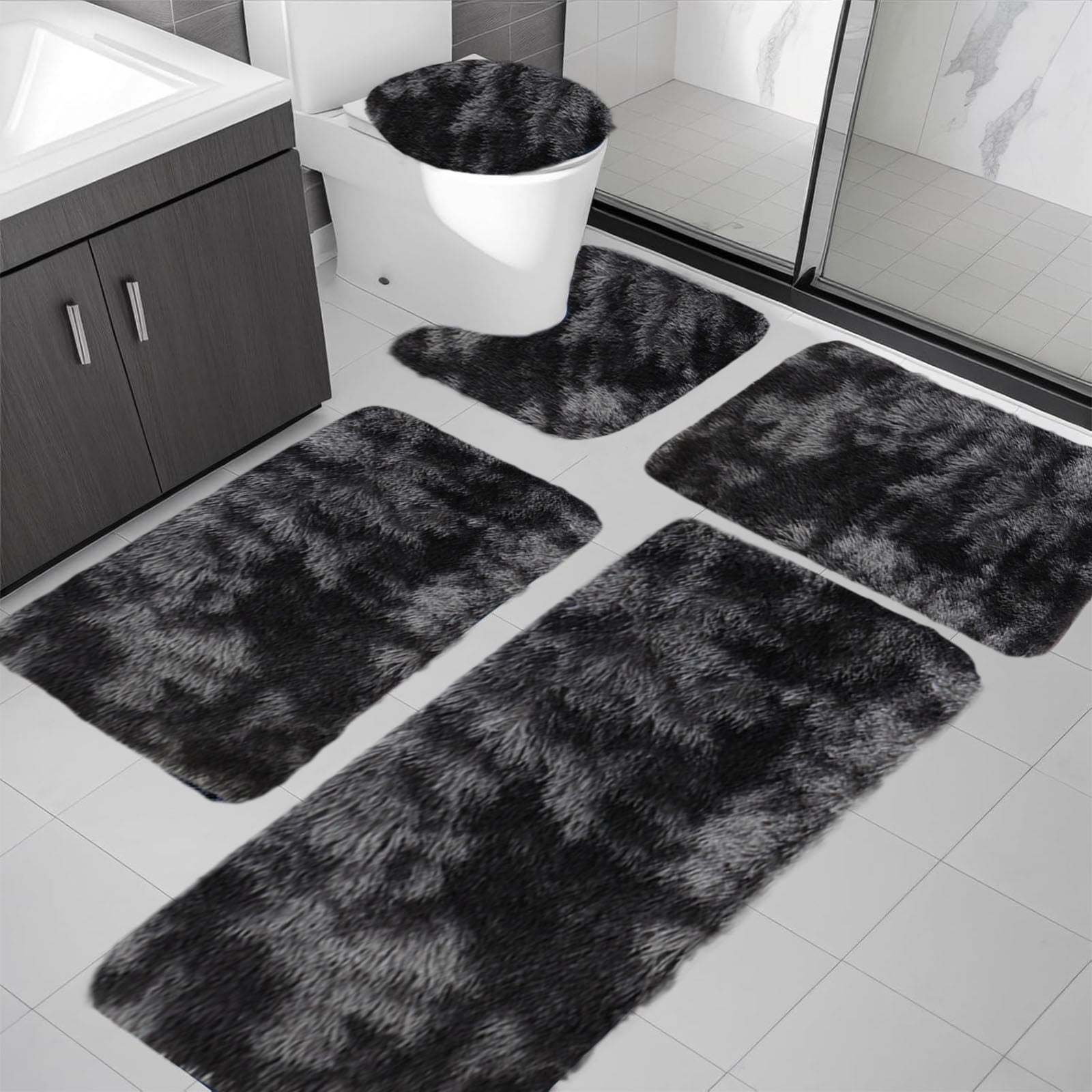 Tie-Dye Bathroom Rugs Sets, Non-Slip Bath Mat Set 5 Piece, Soft Comfortable Washable Bathroom Mat Set, Quicker Dry Bathroom Rug with Toilet Rug Black — image 4