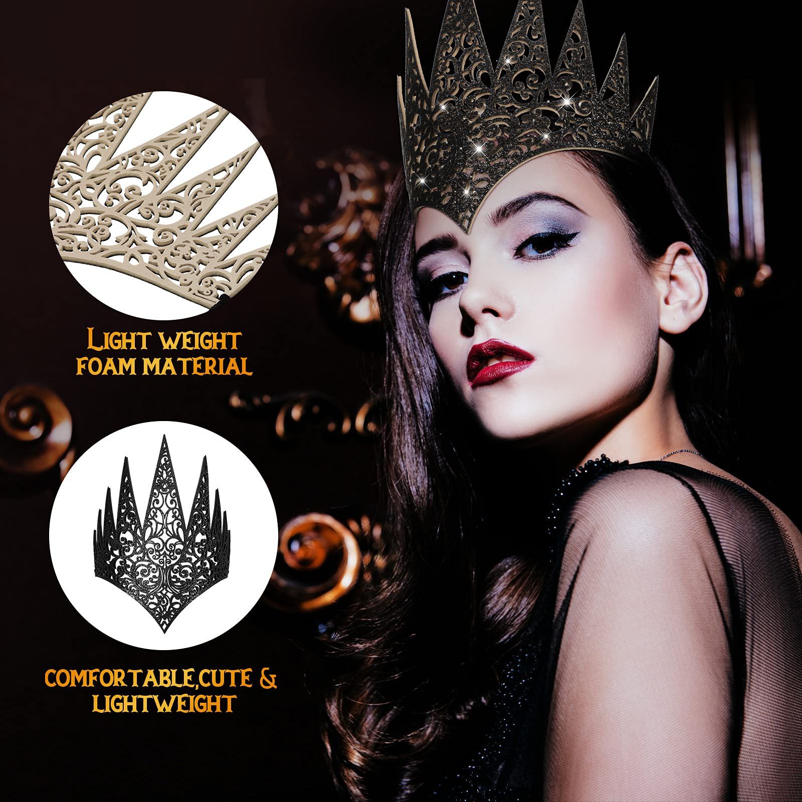 2 Pieces Royal Die Cut Queen Crown Halloween Glitter Evil Queen Crown Costume Witch Crown Cosplay Hair Accessories, Black, Gold — image 3