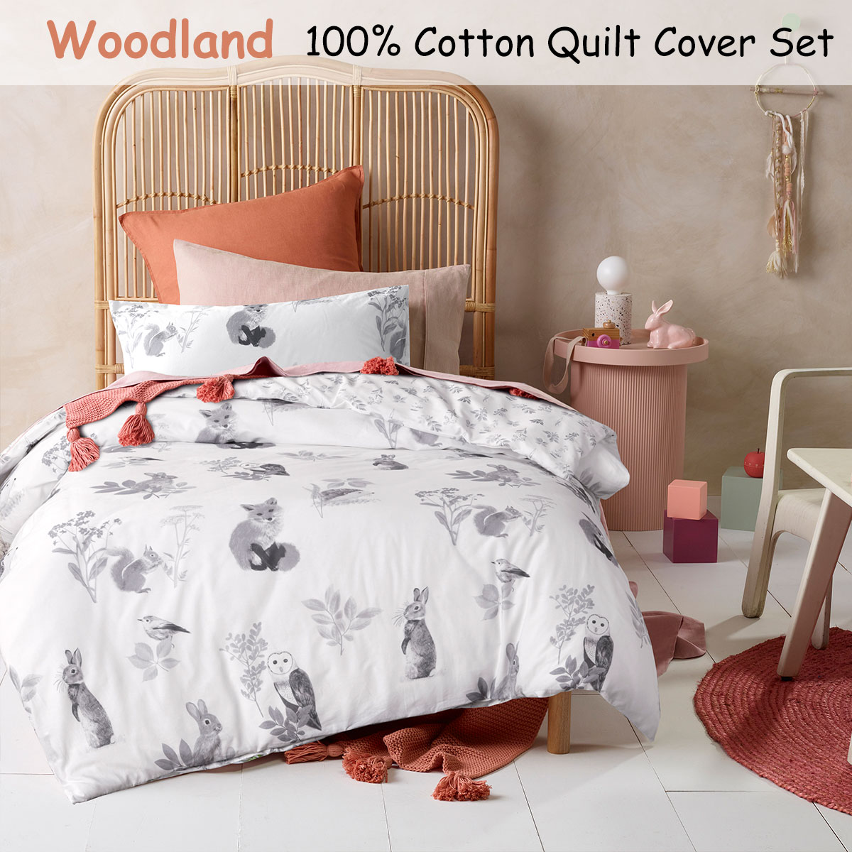 Happy Kids Woodland White Cotton Quilt Cover Set Single โ image 2