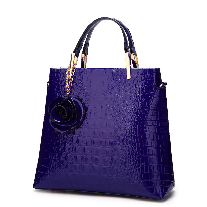 Dark Blue Patent PU Leather Crocodile Embossed Shell Bag(30 × 11 × 26 CM) with Floral Pendant