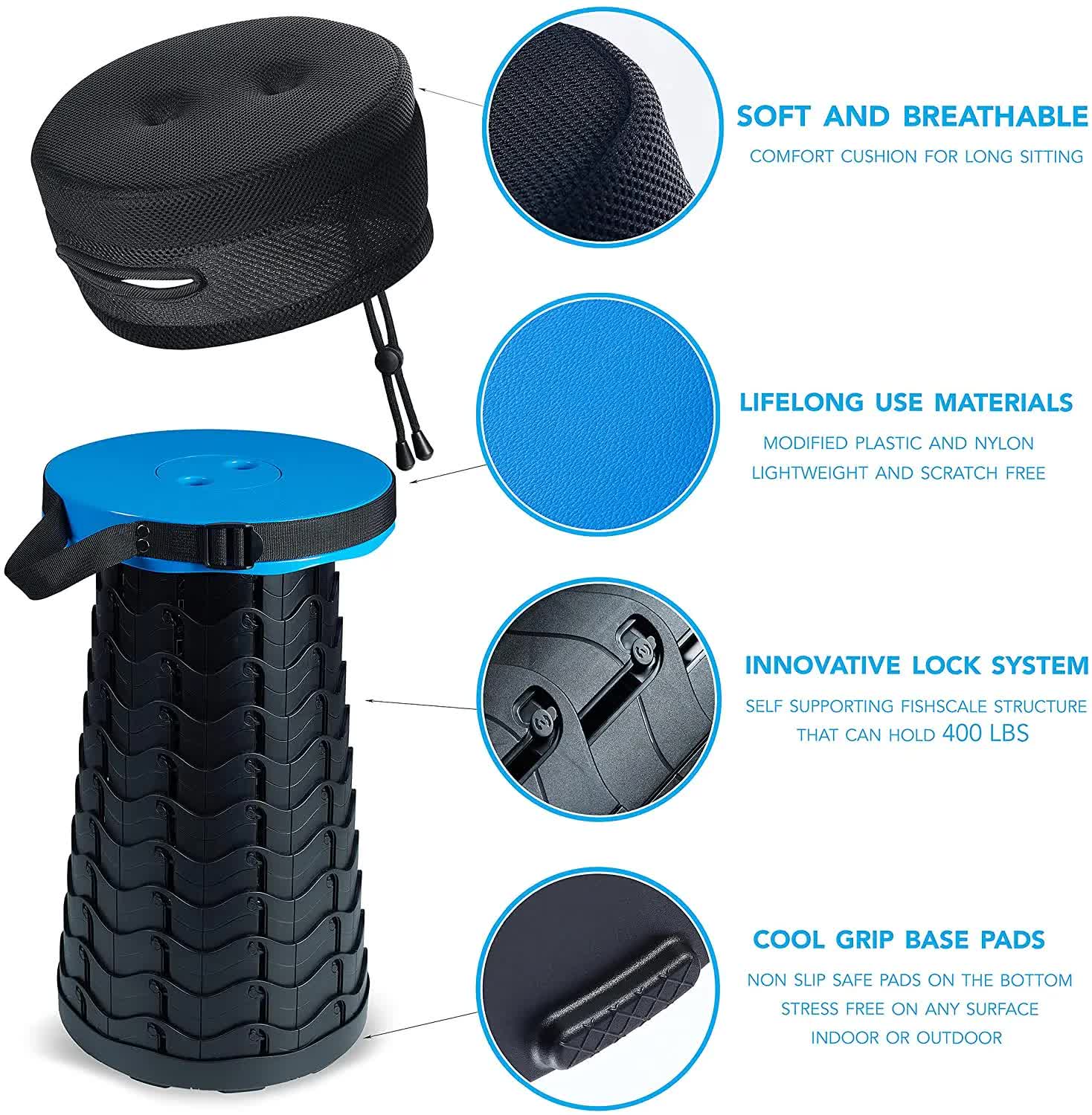 Black and Blue Splicing Color Portable Outdoor Telescopic Folding Stool with 100 Weight-Bearing Buckles, Lightweight and Compact Design, Perfect for Fishing โ image 4
