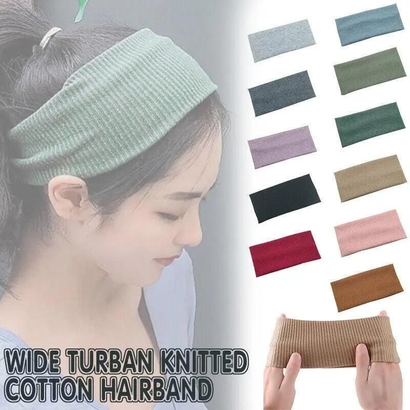 Women Headband Solid Wide Turban Knitted Cotton Hairband Girls Elastic Hair Band - Dark Grey — image 2