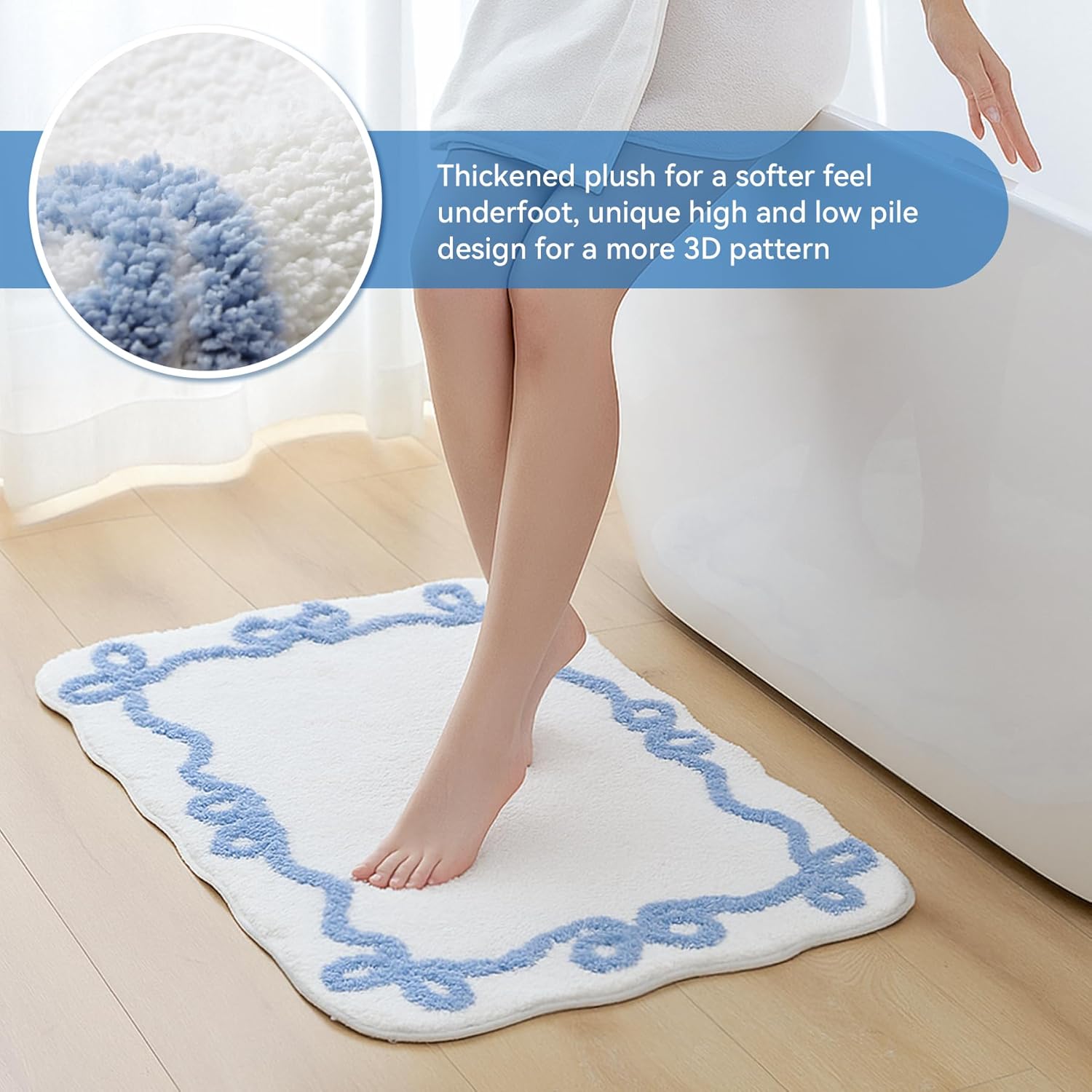 Blue Scalloped Bath Mat - Cute Bow Bathroom Rugs Small Non Slip Bath Mat, Soft & Absorbent Bath Rugs for Bathroom Decor, Tub, Vanity Floor — image 3
