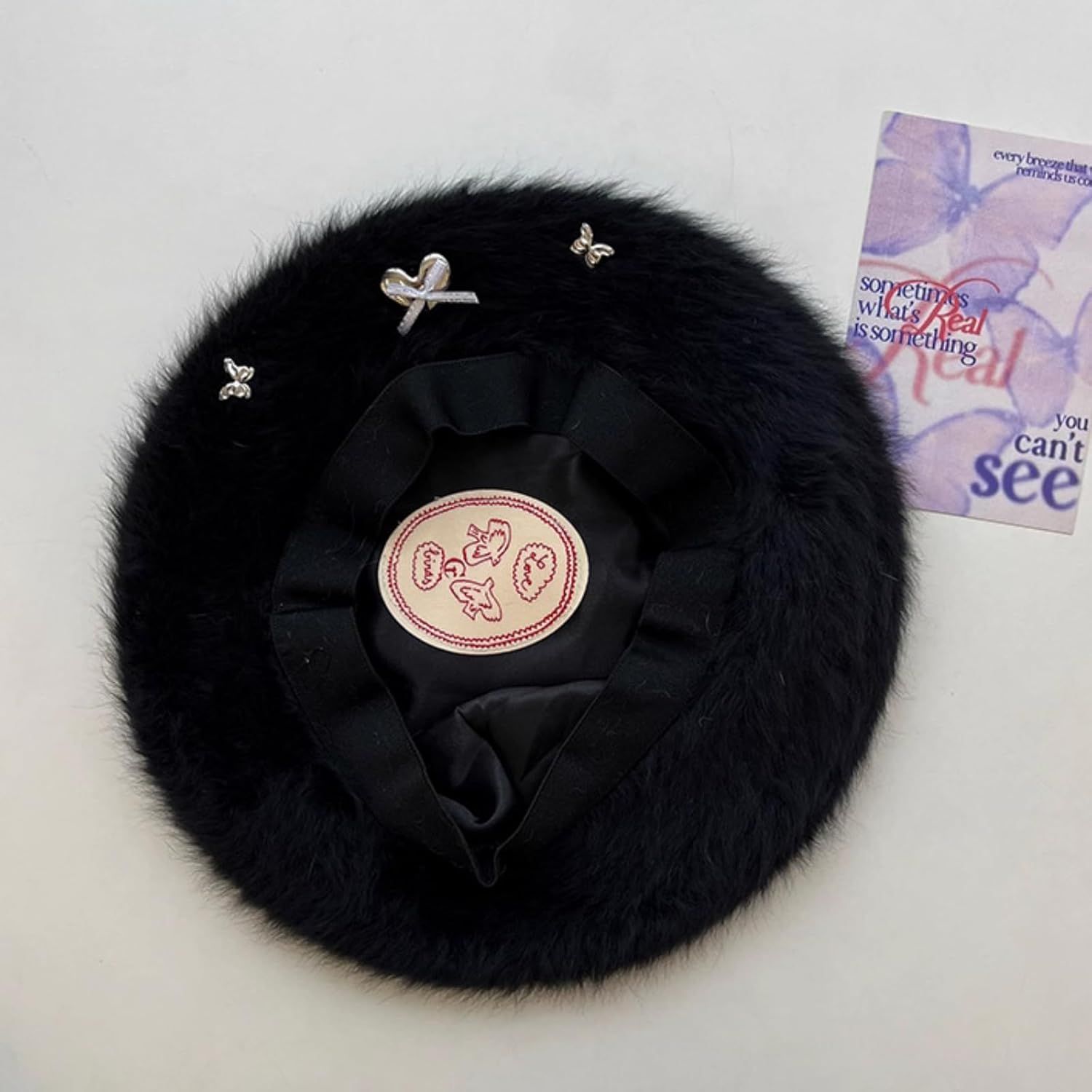 Fuzzy Faux Fur Beret with Heart Bow Butterfly Metal Gems for Women, Winter Atmosphere Artist Hat for A Slim Face Look โ image 5