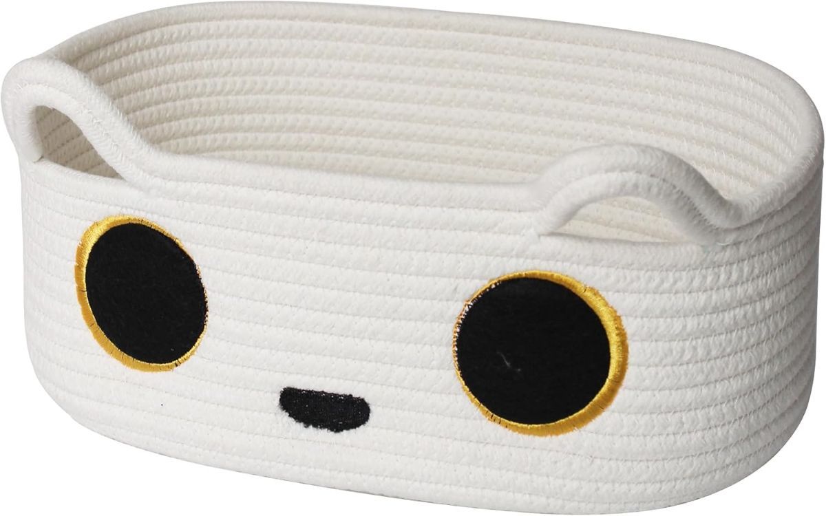 Cat Toy Basket, Small Woven Cat Toy Storage Box with Cute Ears Handle Indoor, Cotton Rope Storage Bin with Embroidered Face for Home Decor, Pet Bed — image 2