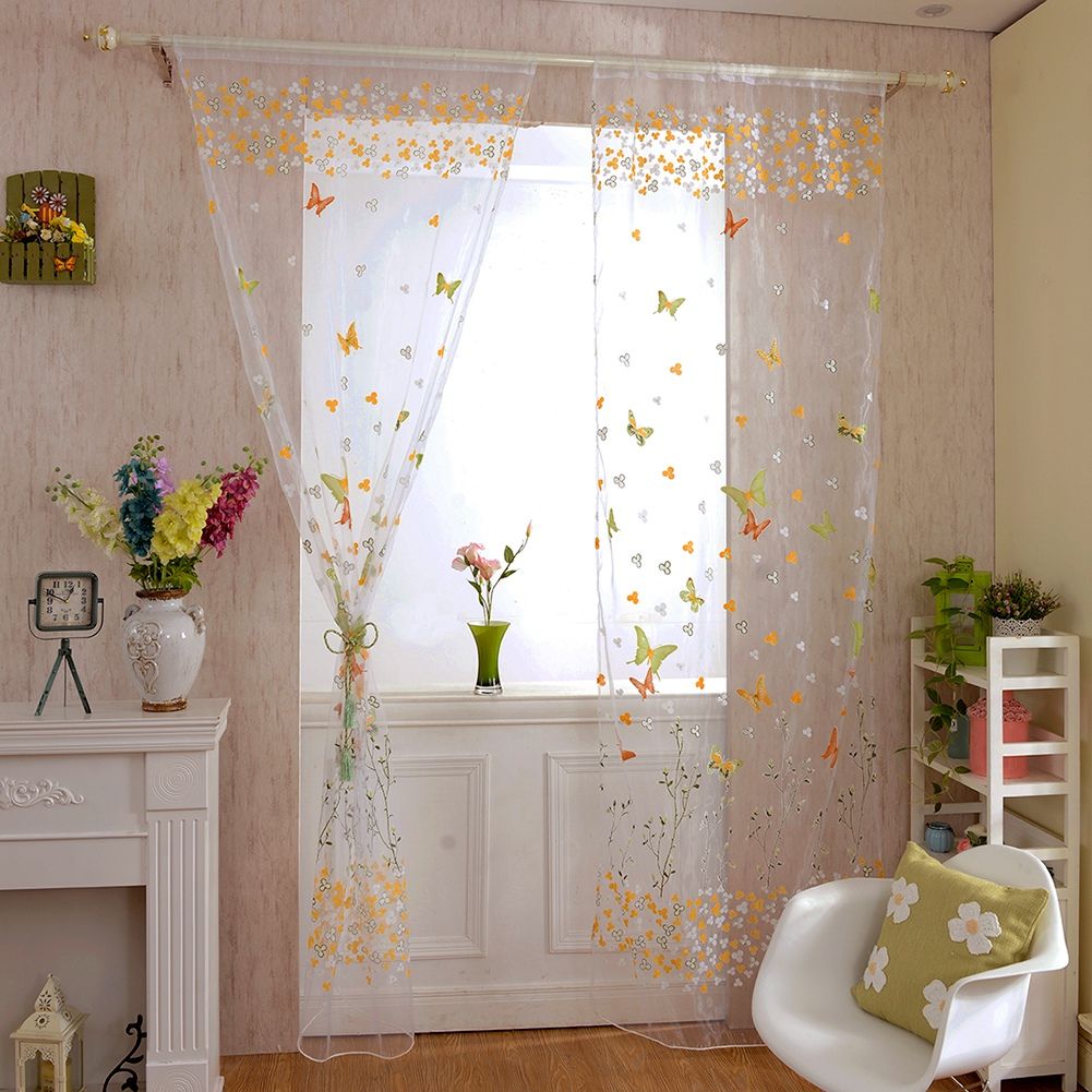 100 x 200 cm Butterfly Print Sheer Vintage Embroidery Voile Window Panels Yellow & Green — image 3