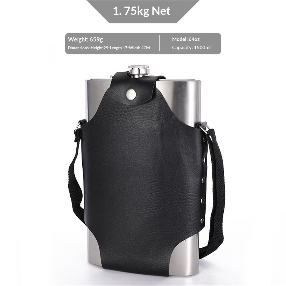 64 oz Classic Style Stainless Steel Liquor Whiskey Hip Flask Silver Vegan Leather Flask Case, Portable Pocket Belt Bag Compatible Protective Travel Holder for