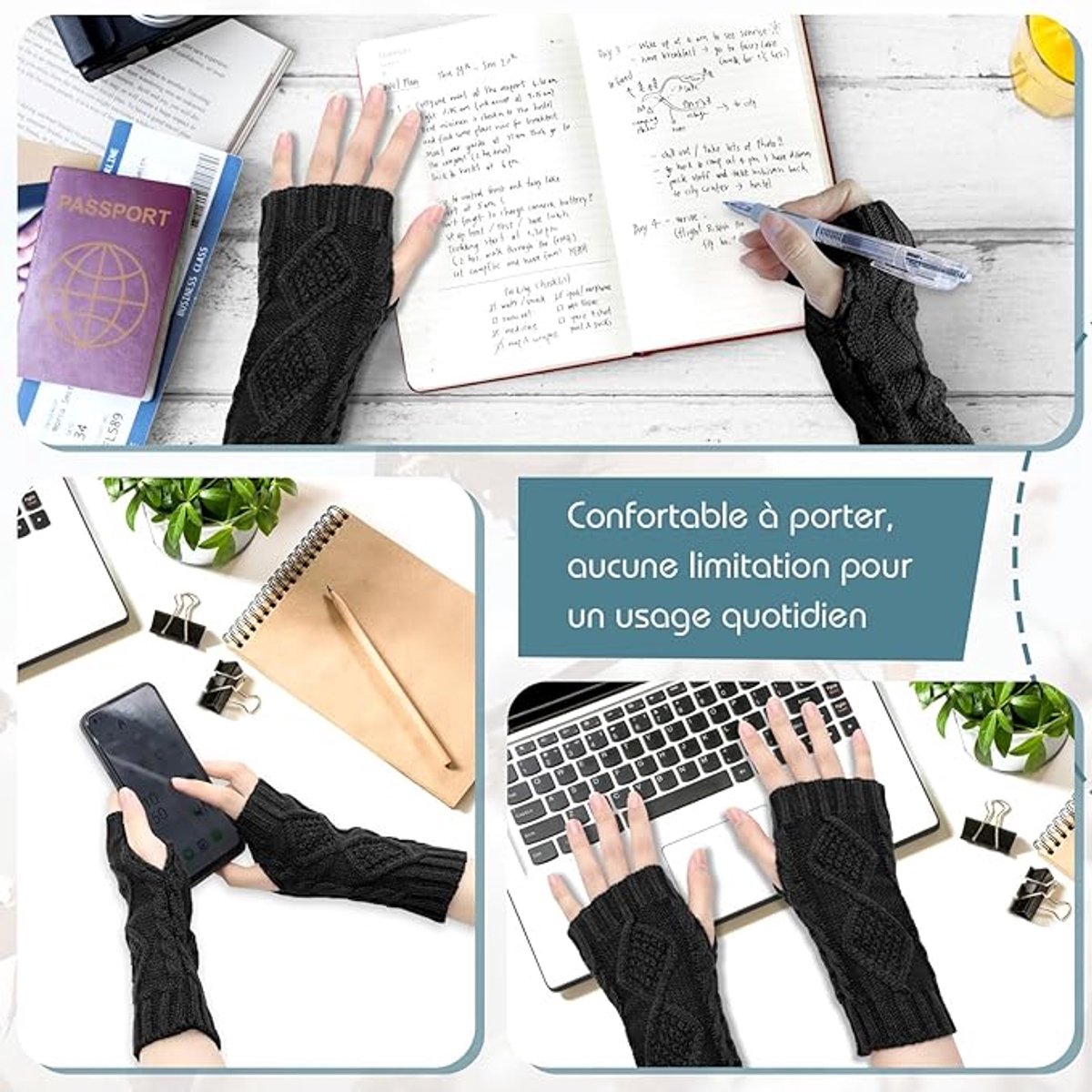 2 Wristbands - Fingerless Gloves - Knitted Women's - Wristbands - Long Knitted Wristbands - Winter Gloves - Warm - Unisex - Black + Dark Gray โ image 3