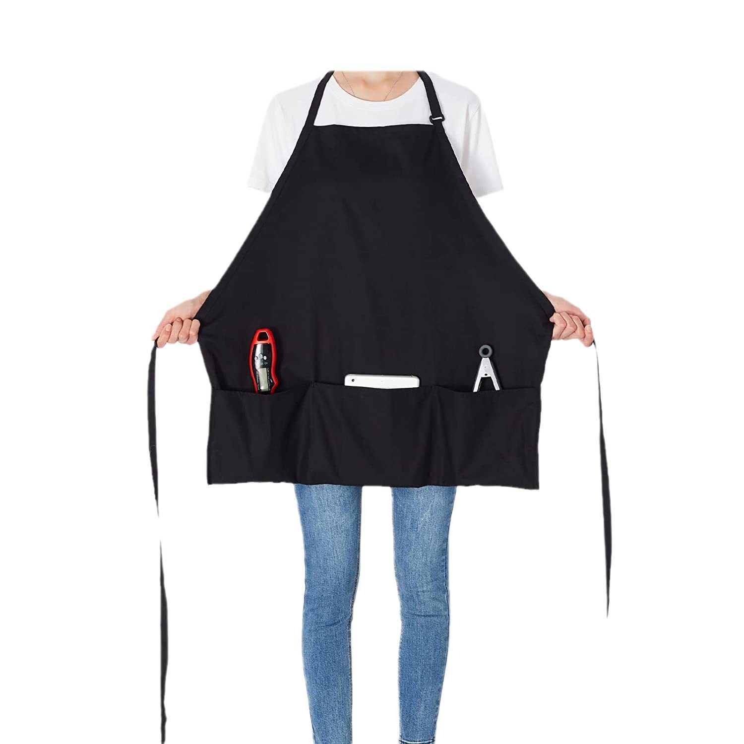 1 Pack 3 Pockets Adjustable Apron Chef Kitchen Cooking Aprons for Women Men, Milk Tea Shop Restaurant Gardening Apron Black — image 4