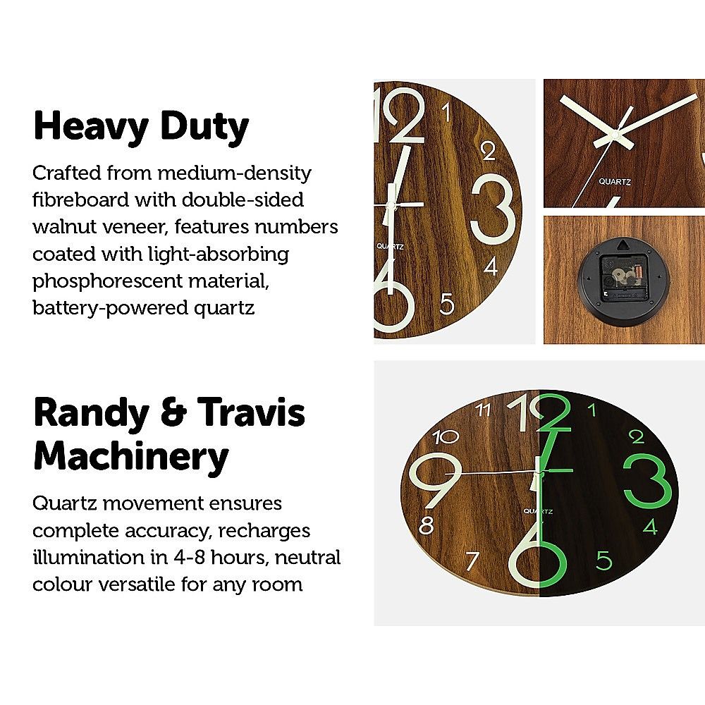 Glow In The Dark Wall Clock 30cm – Luminous Quartz Quiet Wooden Home Décor — image 4
