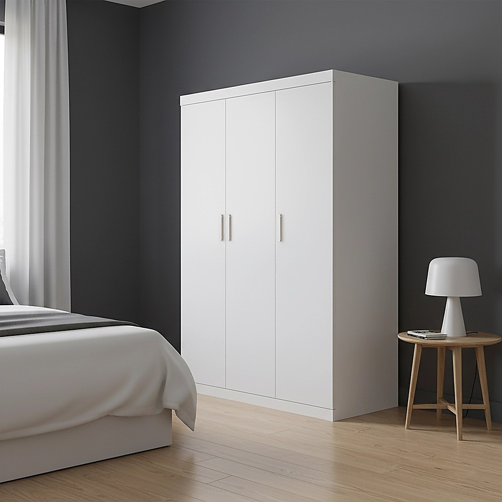 3 Door White Wardrobe – White Handles, Hanging Rail & Shelves — image 5