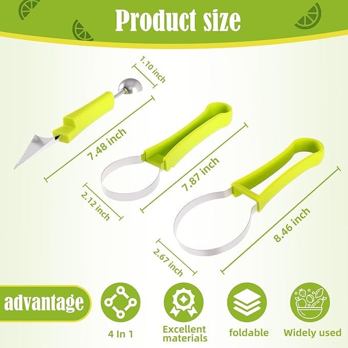 Melon Baller Scoop Set,4 In 1 fruit cutters shapes, watermelon scooper fruit scooper and baller, fruit carving tools(Green) — image 5