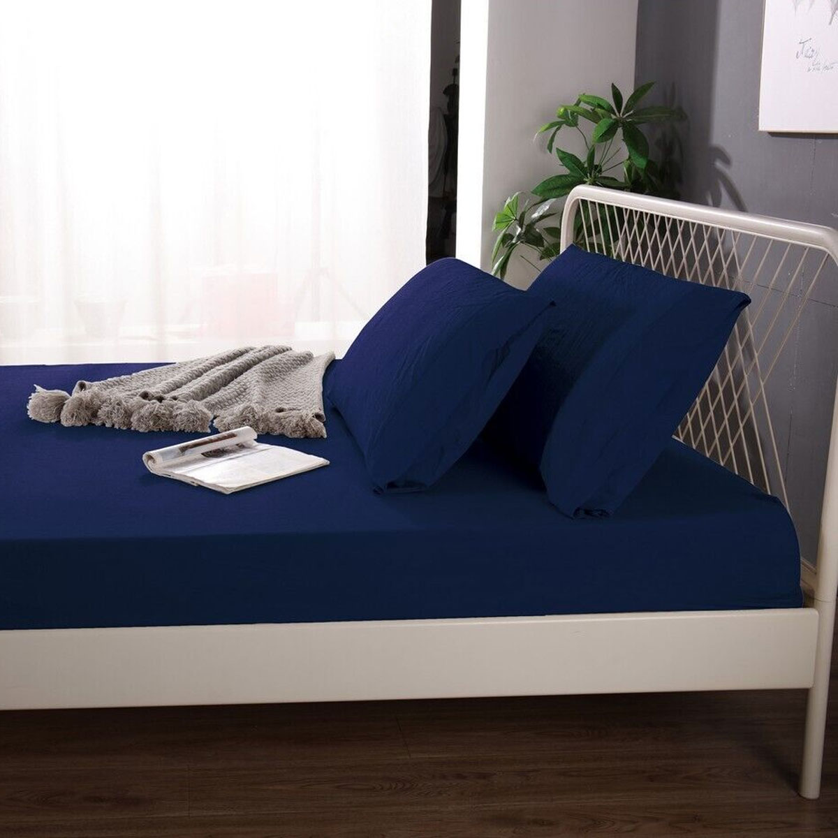 Ramesses 1000TC Linen Bamboo Fitted Sheet Combo Set Deep Blue Single — image 3