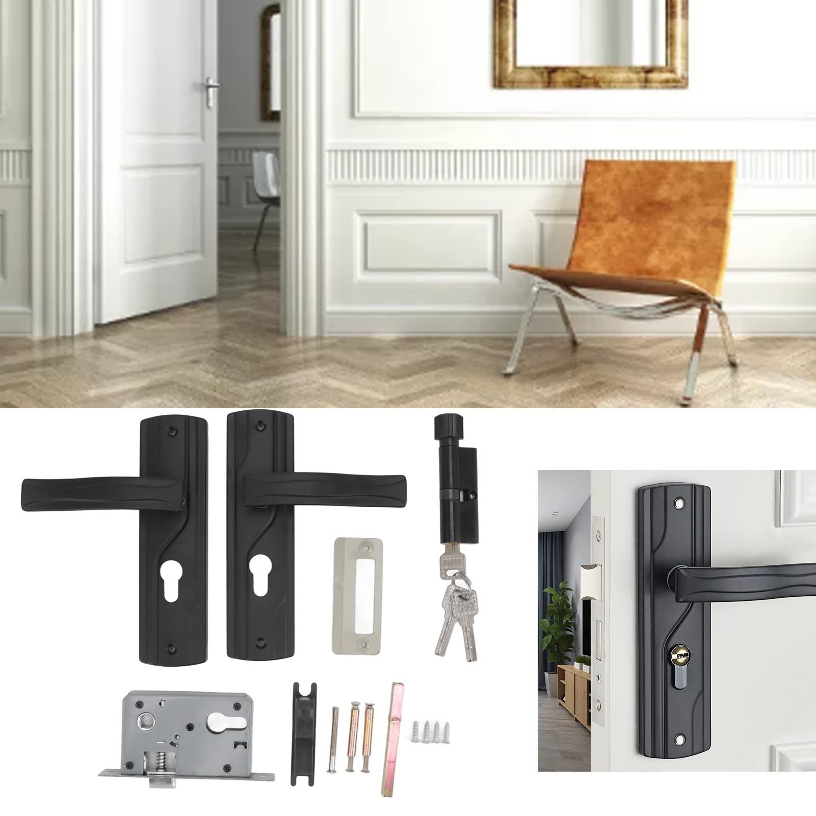 Door Handle Lock Black Front Door Lock Set with Keys Silent Bearing Lock Key Set for Universal Home Door (7x2x1.5inch) — image 2