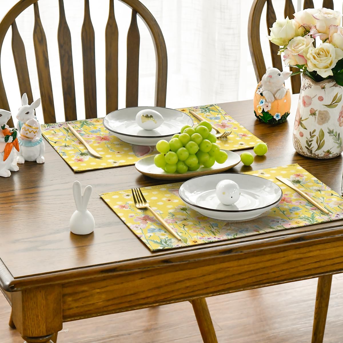 Yellow Bunny Polka Dot Easter Placemats Set of 4, 12x18 Inch Flower Seasonal Spring Holiday Table Mats for Party Kitchen Dining Decoration โ image 5