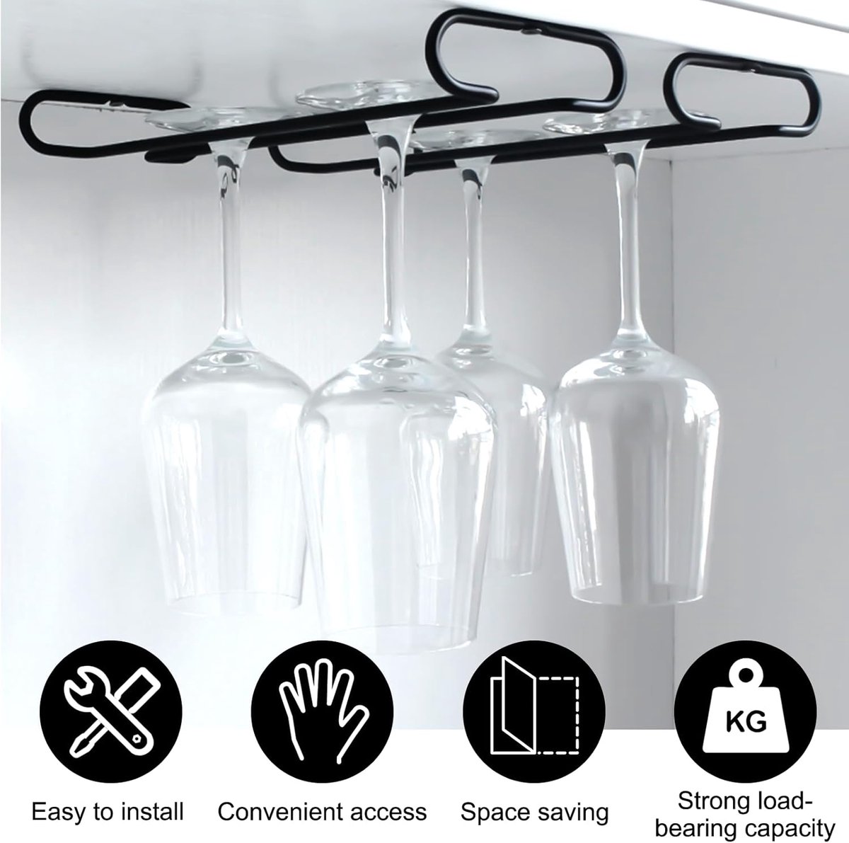 Wine glass holder - Glass hooks for shelf - Iron glass holder for glasses - Wall display holder - Hanging glass holders - Metal hanging glass holder - Display โ image 4